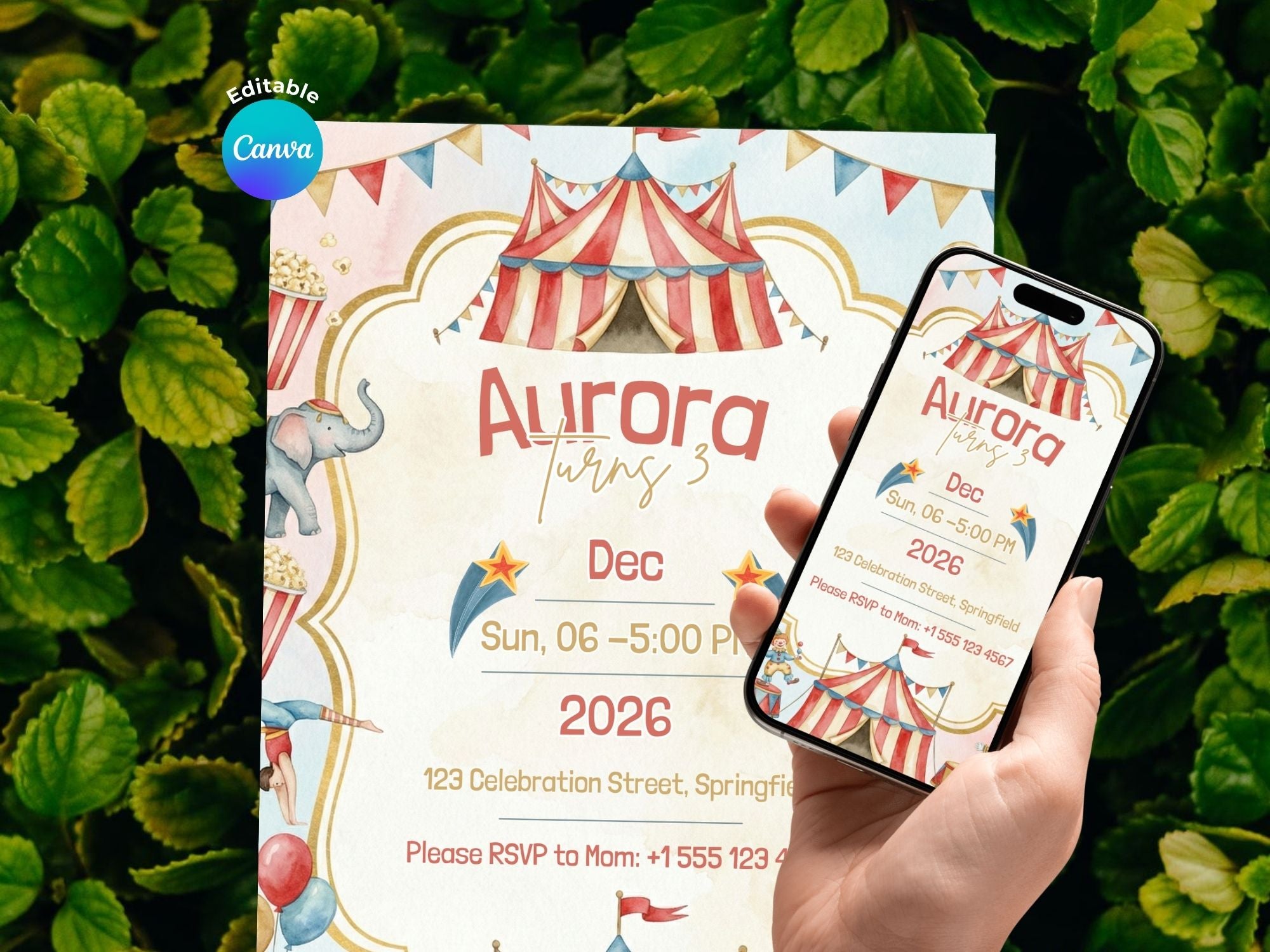 Circus Watercolor Invitation – Editable Canva Template – Share or Printable 5x7 – Instant Download