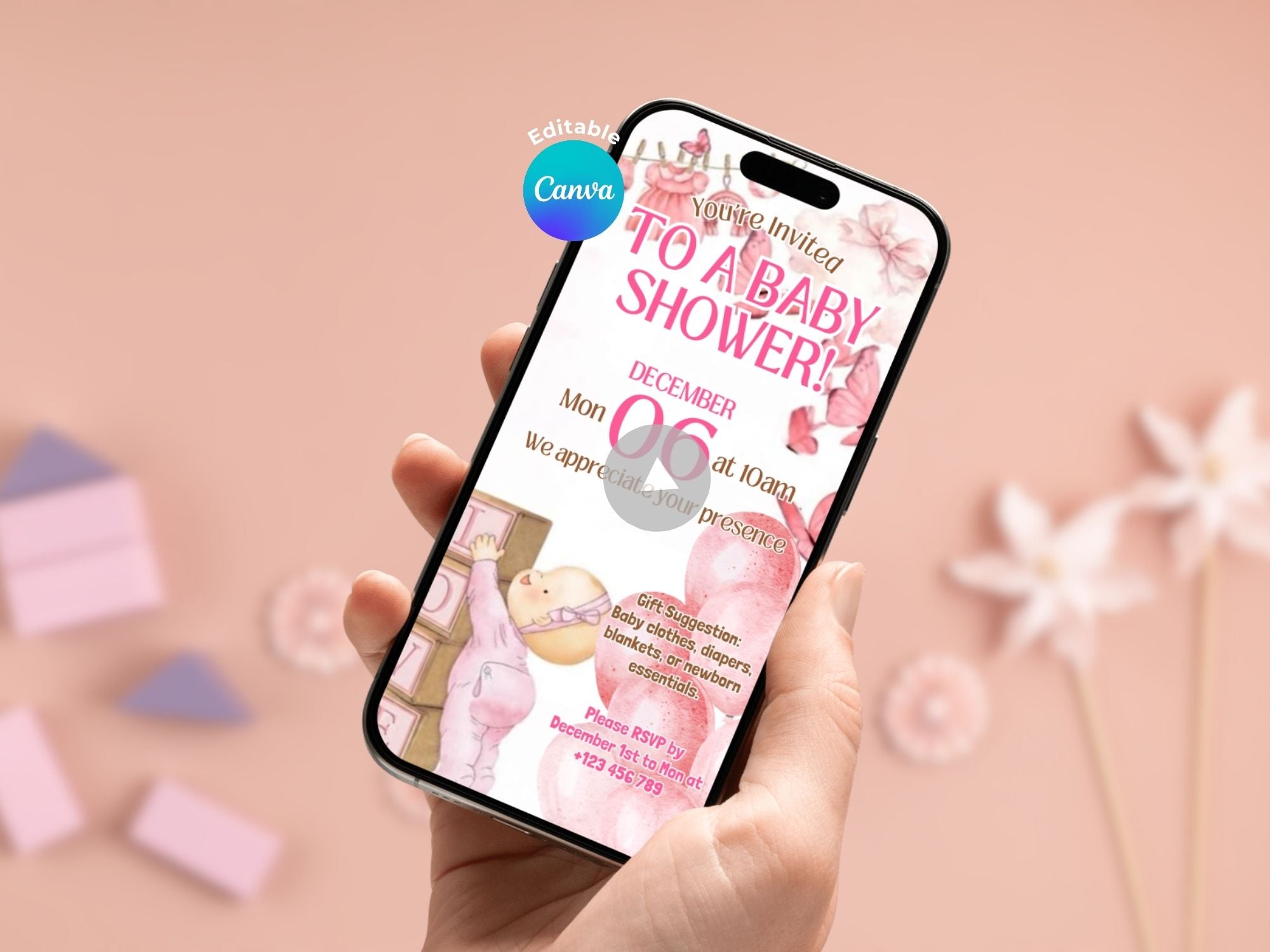 [FREE SAMPLE] Pink Baby Love Baby Shower – Editable Canva Template – Share video mp4 – Instant Download
