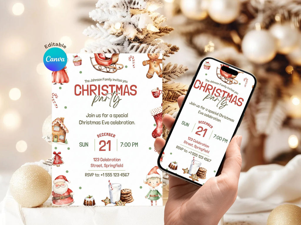 Christmas Eve Party Invitation – Editable Canva Template – Share or Printable 5x7 – Instant Download