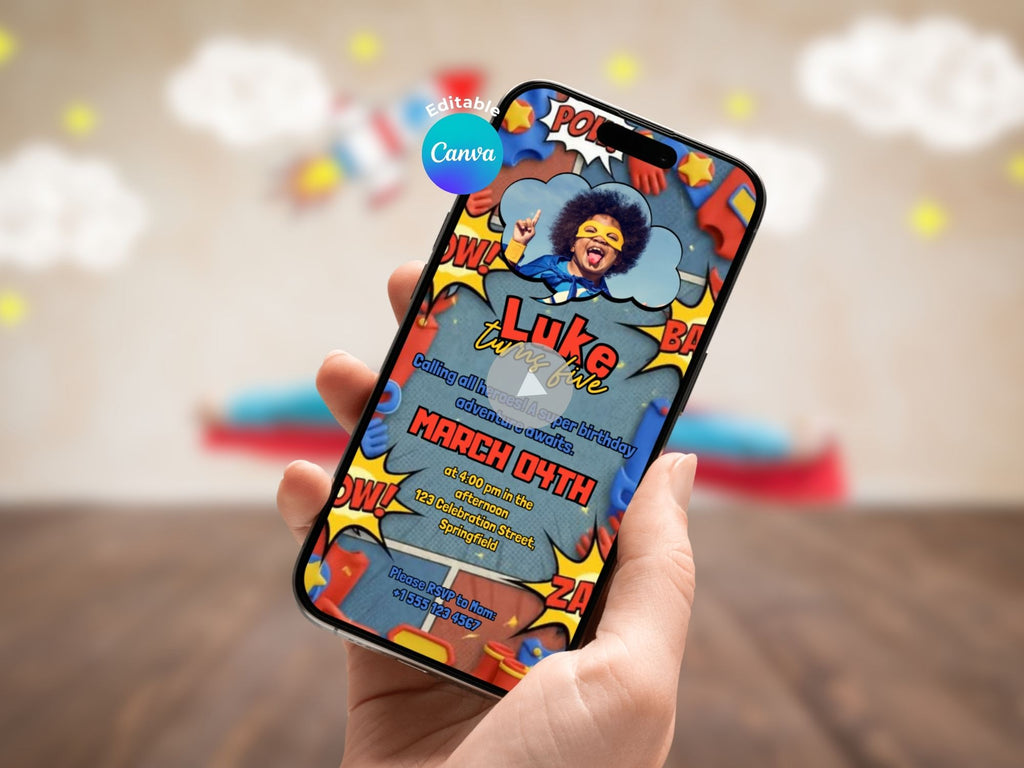 3D Superhero Birthday Invitation – Editable Canva Template – Share video mp4 – Instant Download