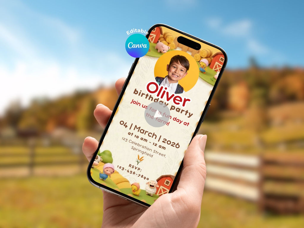 3D Farm Birthday Invitation – Editable Canva Template – Share video mp4 – Instant Download