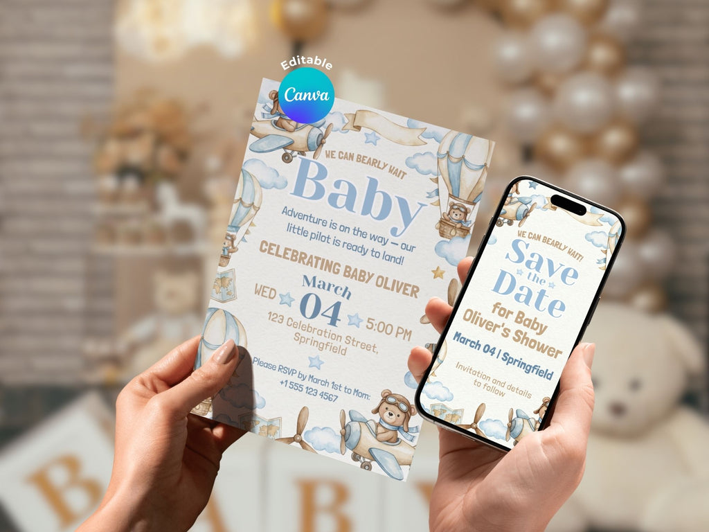 Baby Boy Watercolor Aviator Baby Shower FULL PARTY BUNDLE - Video Invite & Matching Printables