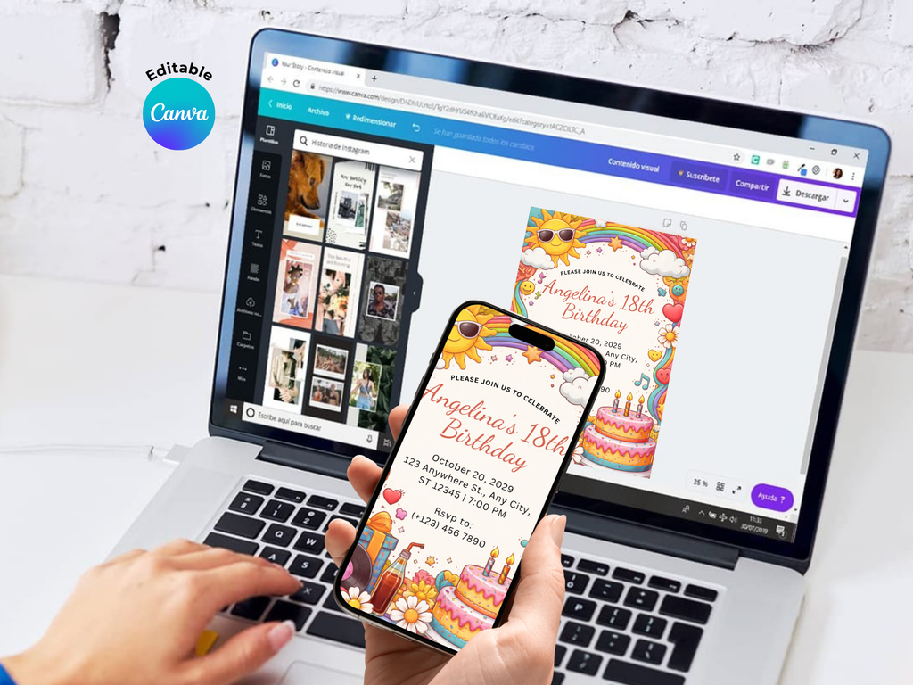 [FREE SAMPLE] Happy Vibes Rainbow Invitation | Editable Canva Template - Instant Download