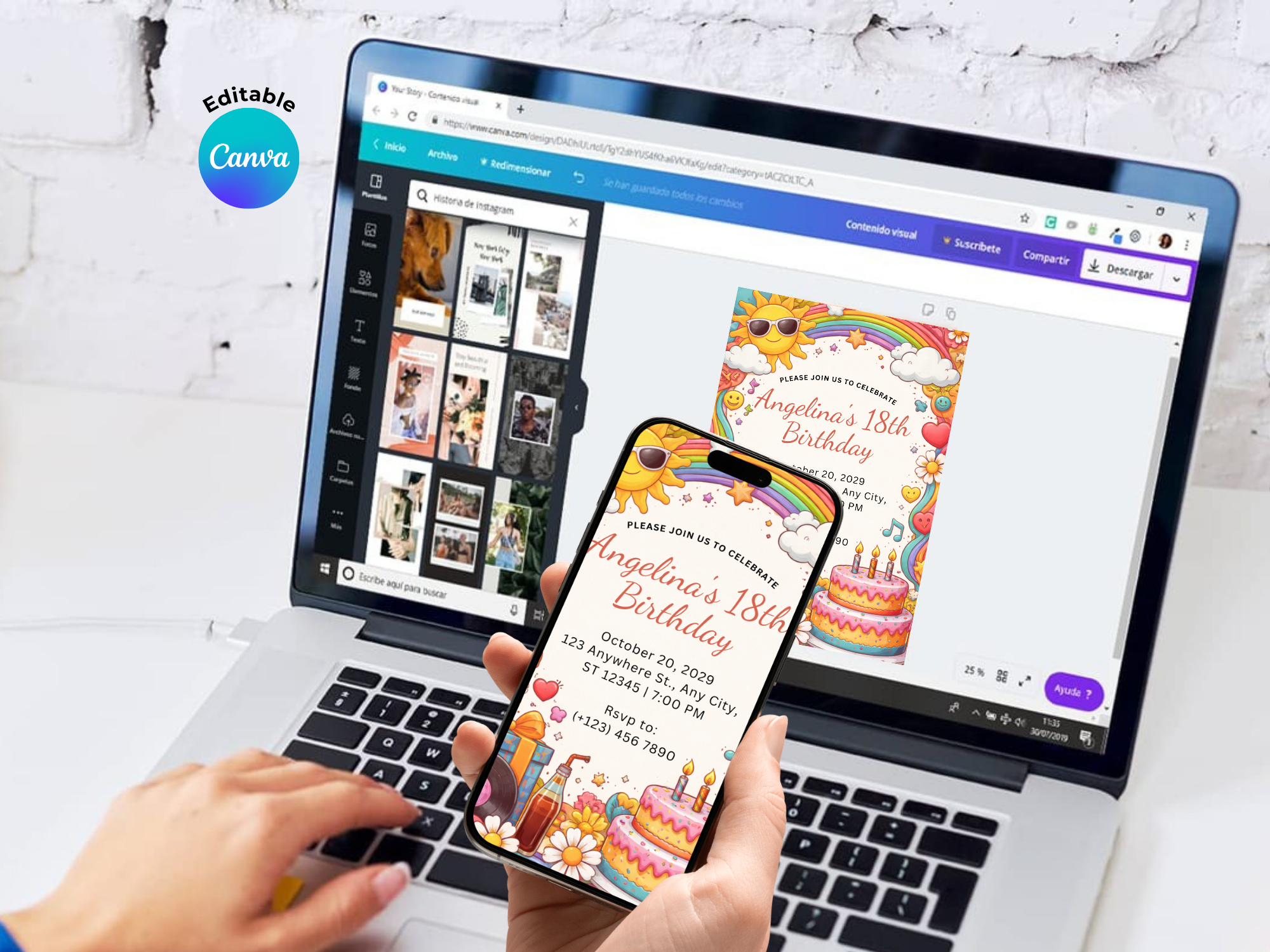 [FREE SAMPLE] Happy Vibes Rainbow Invitation | Editable Canva Template - Instant Download