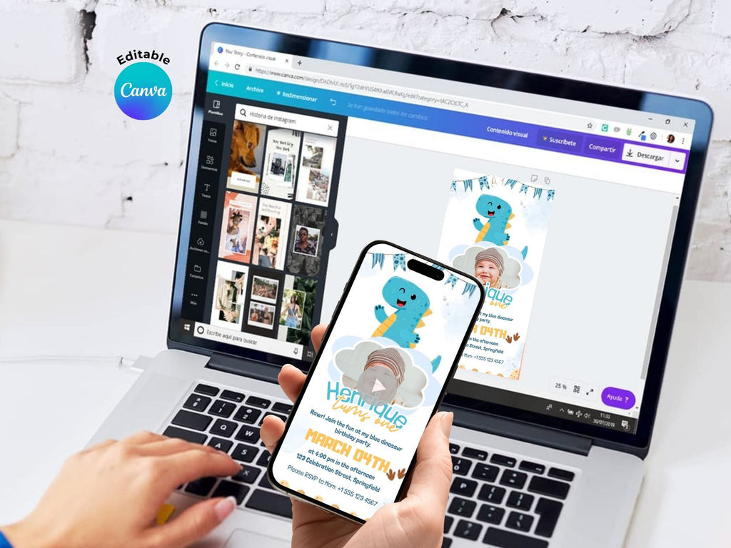 Cute Blue Dino Birthday Invitation – Editable Canva Template – Share video mp4 – Instant Download