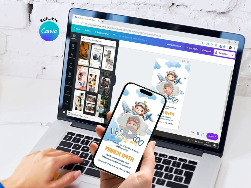 Baby Aviator In The Clouds Birthday Invitation – Editable Canva Template – Share video mp4 – Instant Download