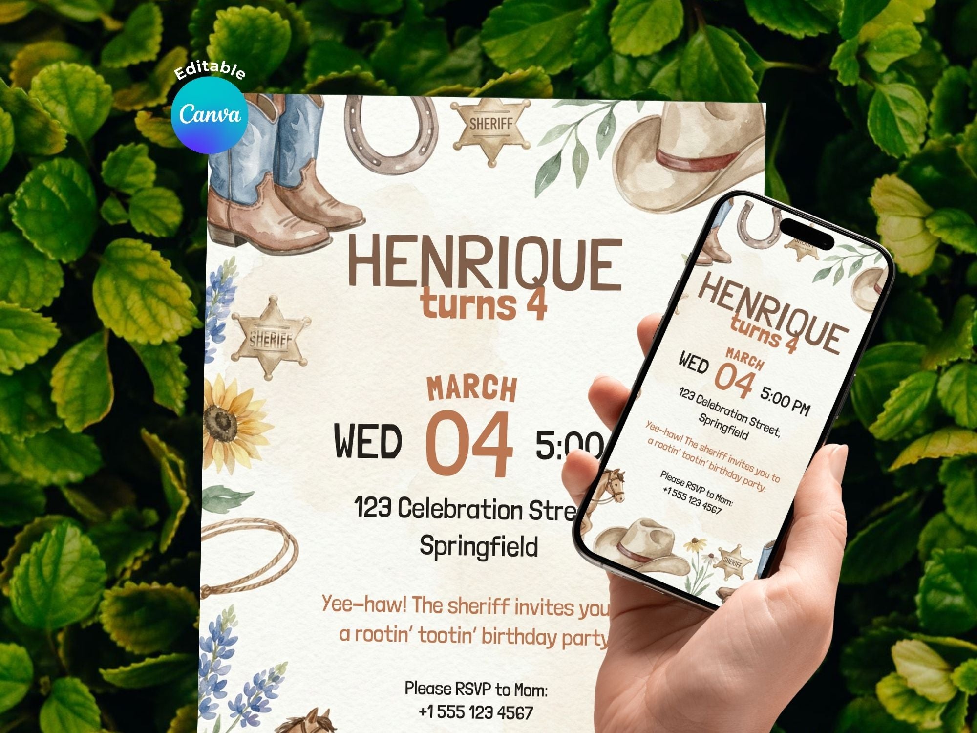 Sheriff Birthday Invitation – Editable Canva Template – Share or Printable 5x7 – Instant Download