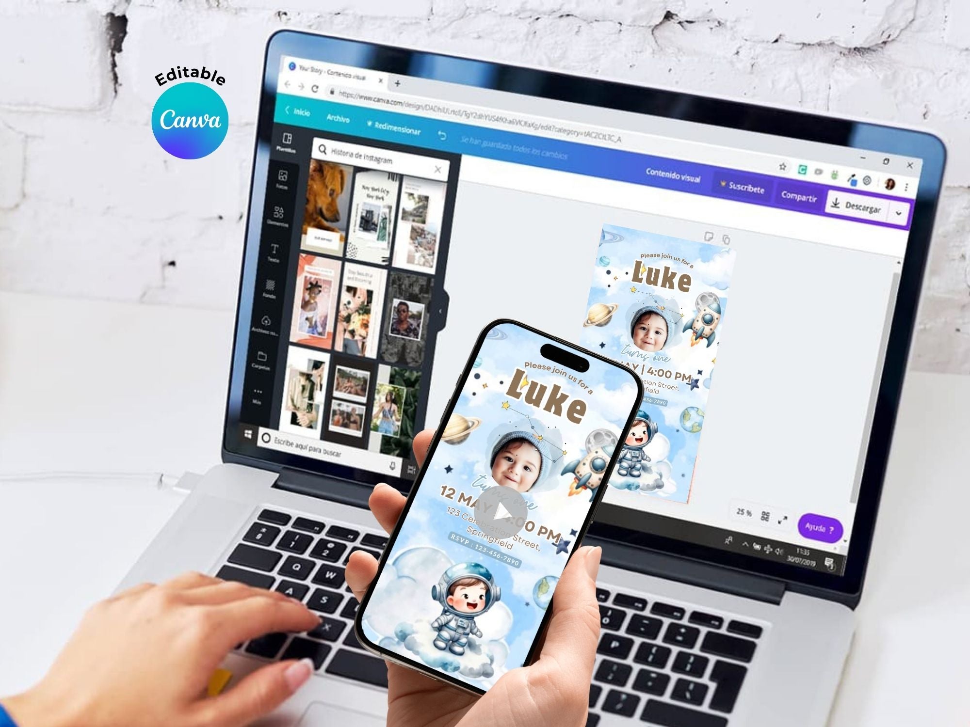 Cute Astronaut Birthday Invitation – Editable Canva Template – Share video mp4 – Instant Download