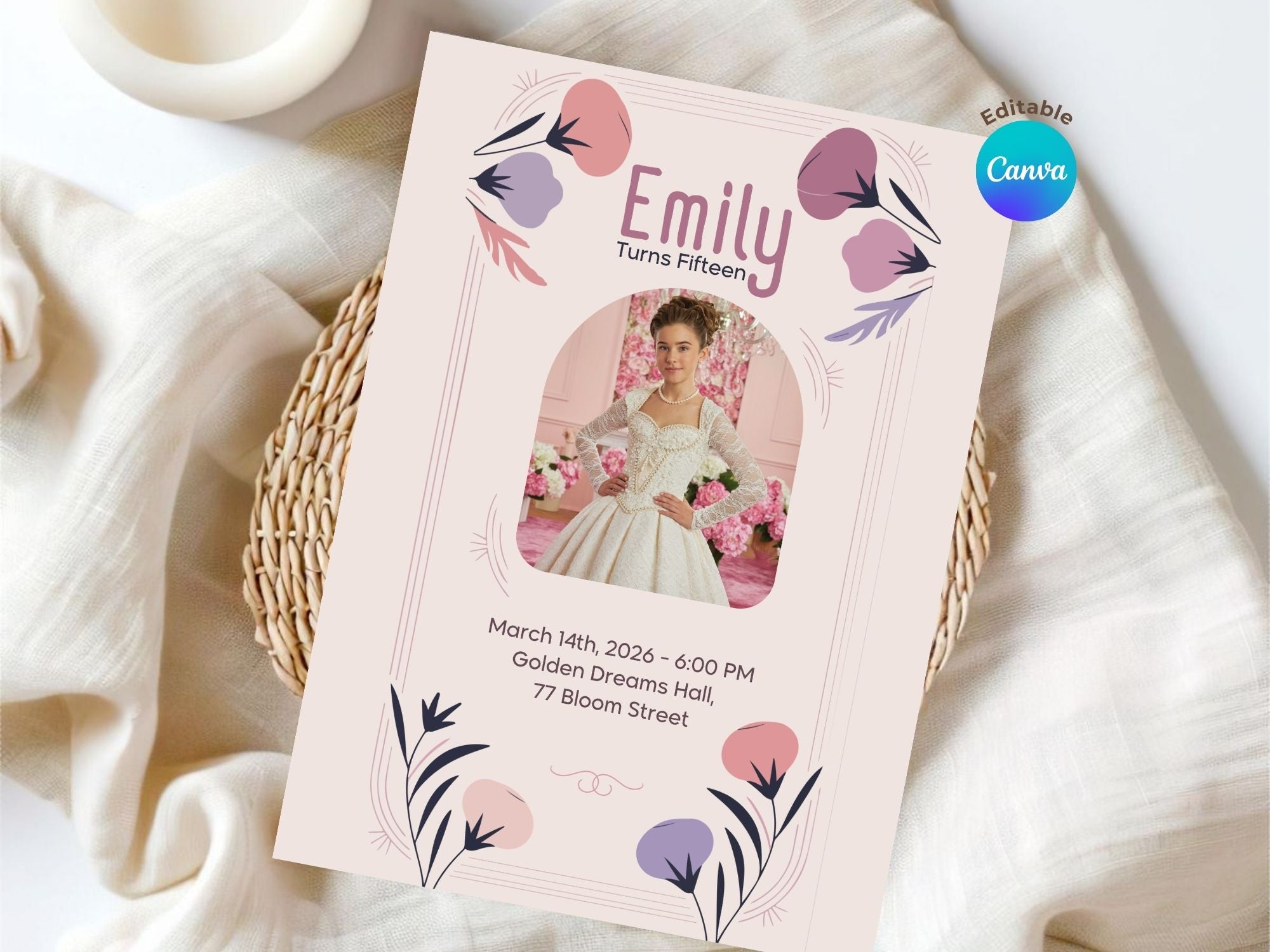 Dreamy Quince Invite – Watercolor Plane Theme – Editable Canva Template – Share or Printable 5x7 – Instant Download