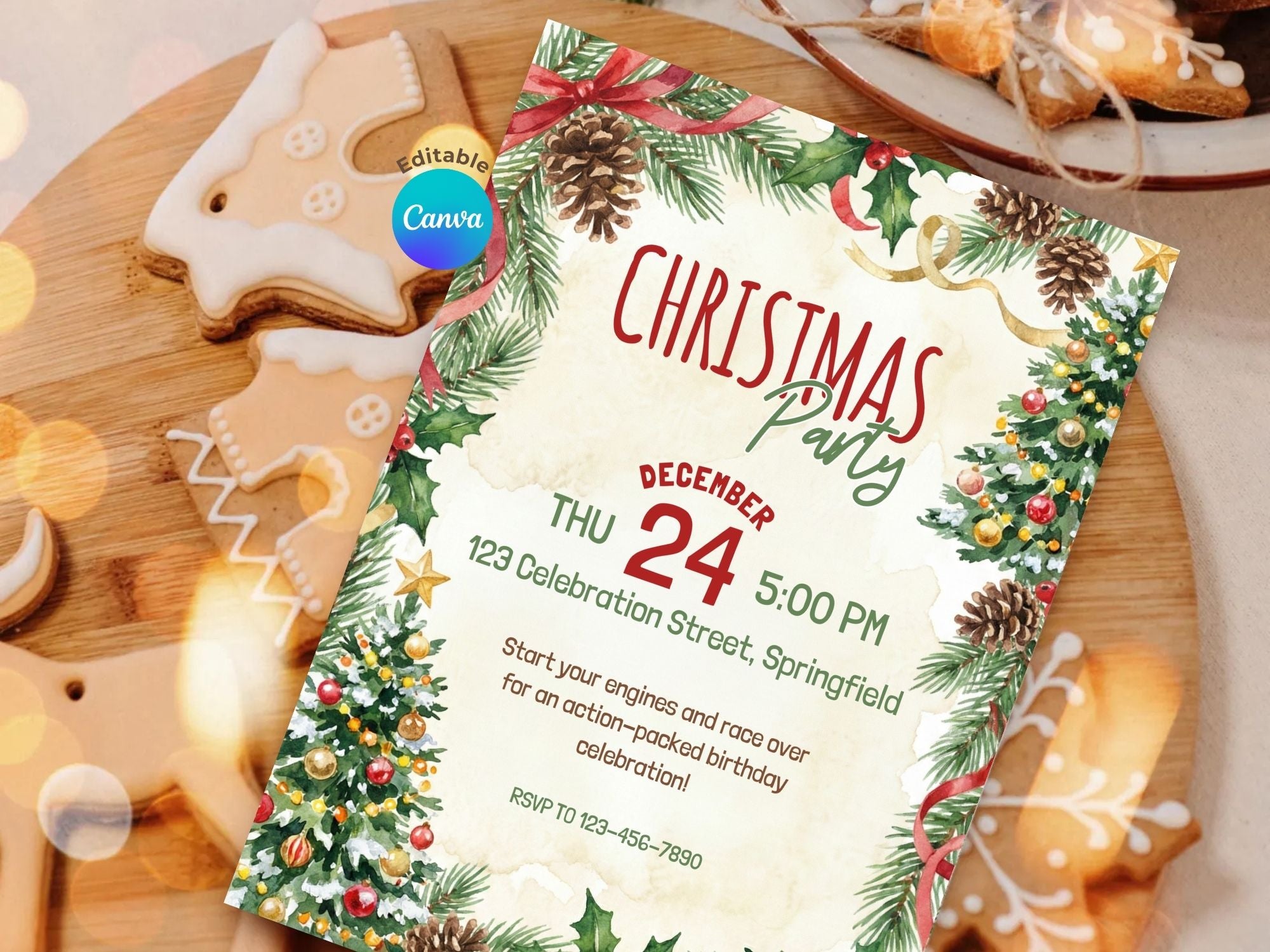 Christmas Tree Holiday Invitation – Editable Canva Template – Share or Printable 5x7 – Instant Download