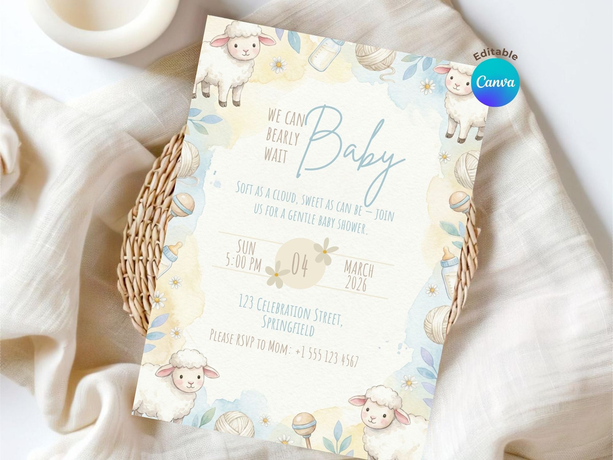 Sheep Baby Shower Invitation – Watercolor Plane Theme – Editable Canva Template – Share or Printable 5x7 – Instant Download