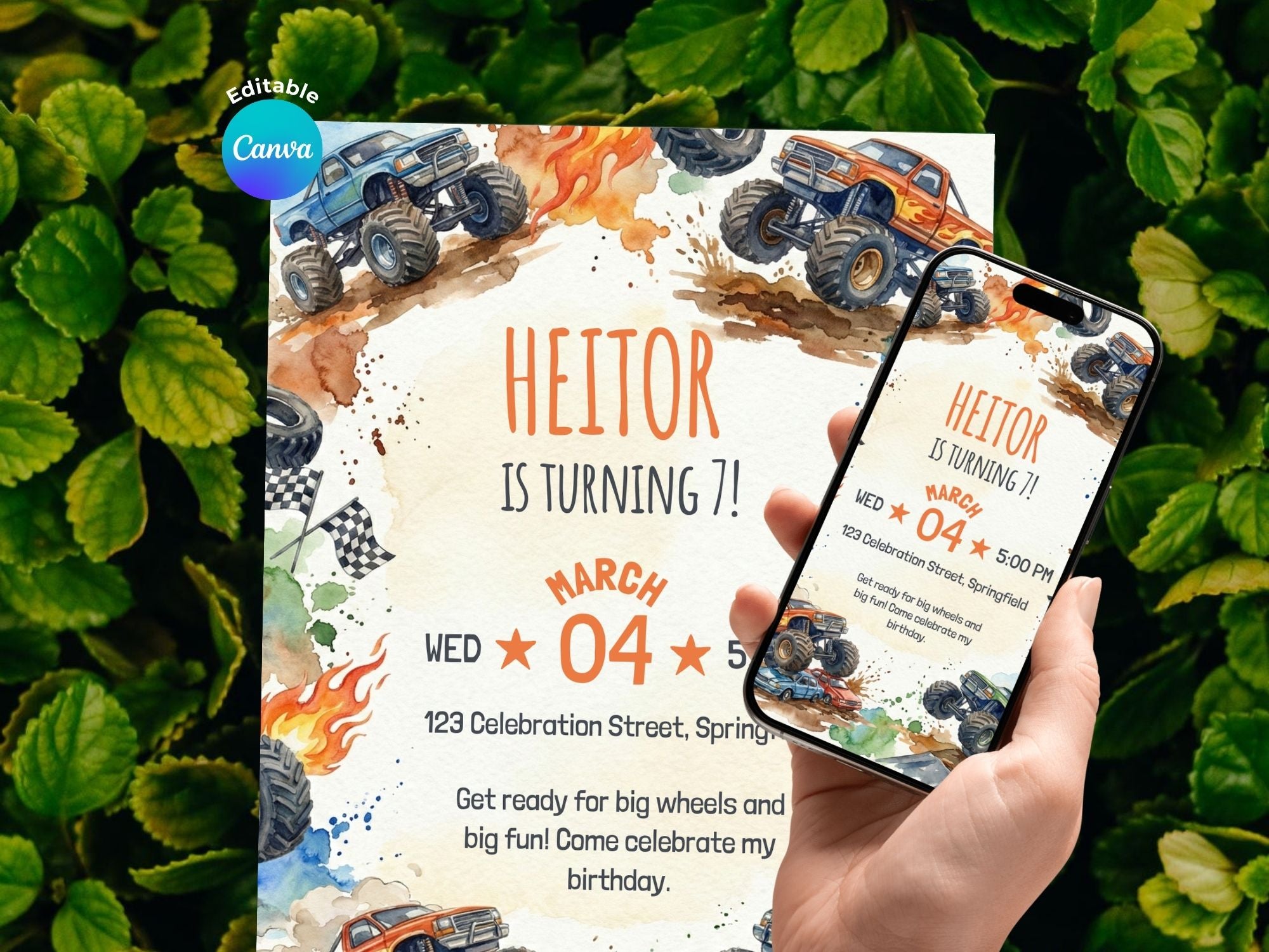 Monster Truck Birthday Invitation – Editable Canva Template – Share or Printable 5x7 – Instant Download