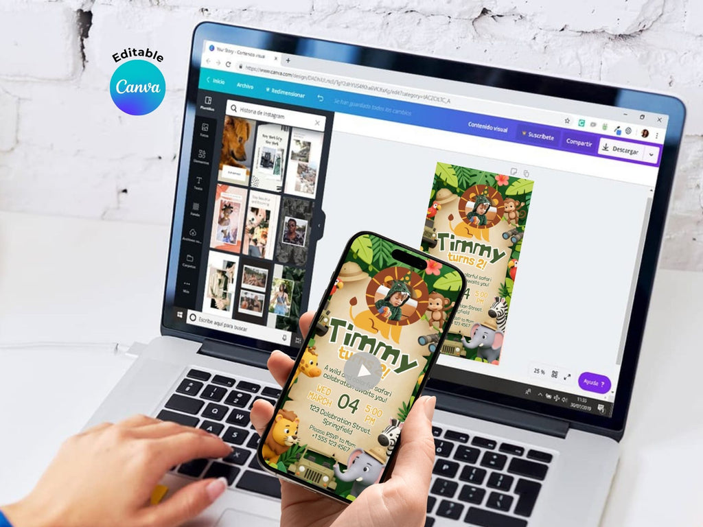 Colorful Safari Birthday Video Invitation – Editable Canva Template – Share video mp4 – Instant Download