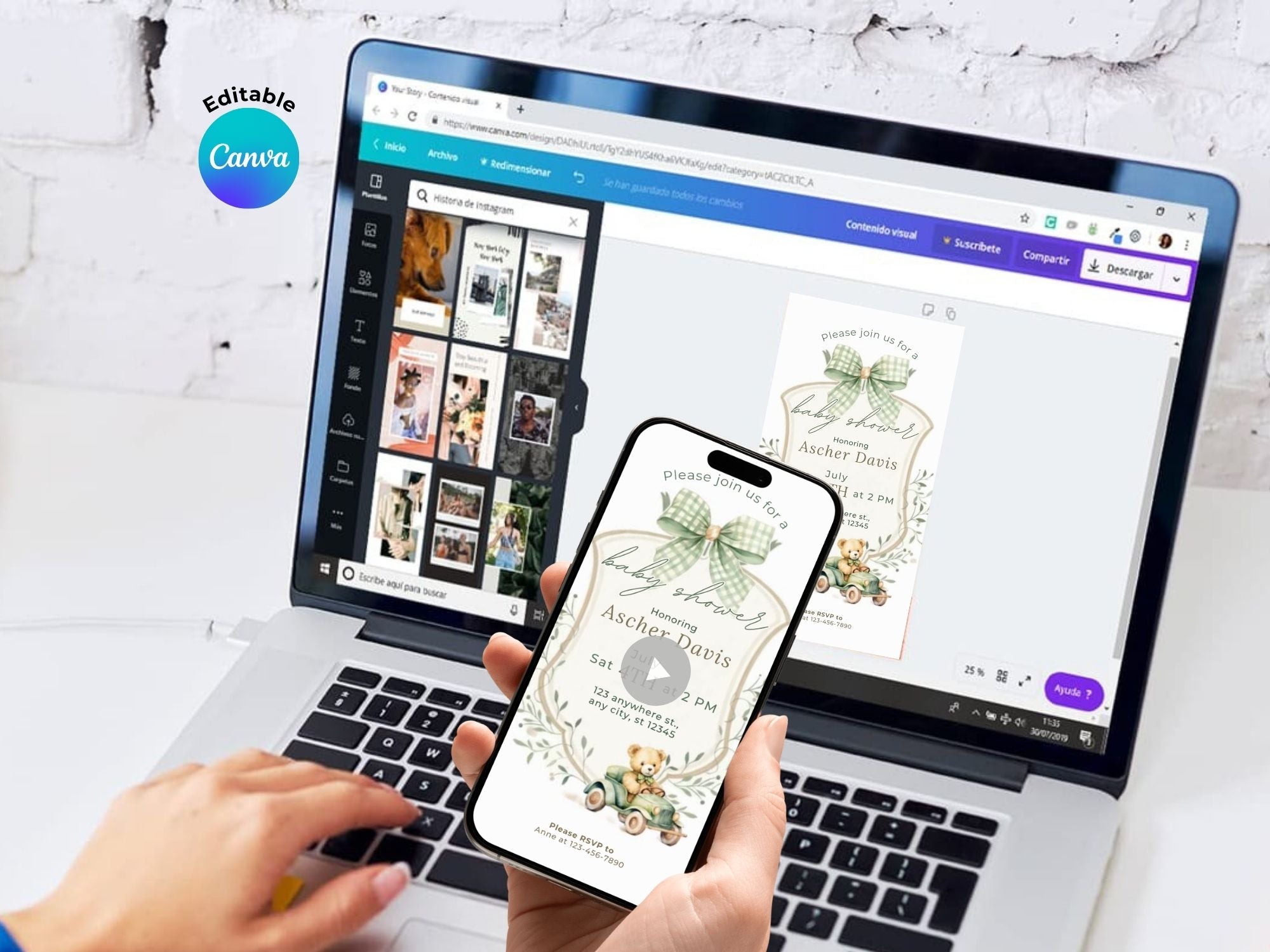 [FREE SAMPLE] Green Baby Car Bear Baby Shower Invitation – Editable Canva Template – Share video mp4 – Instant Download