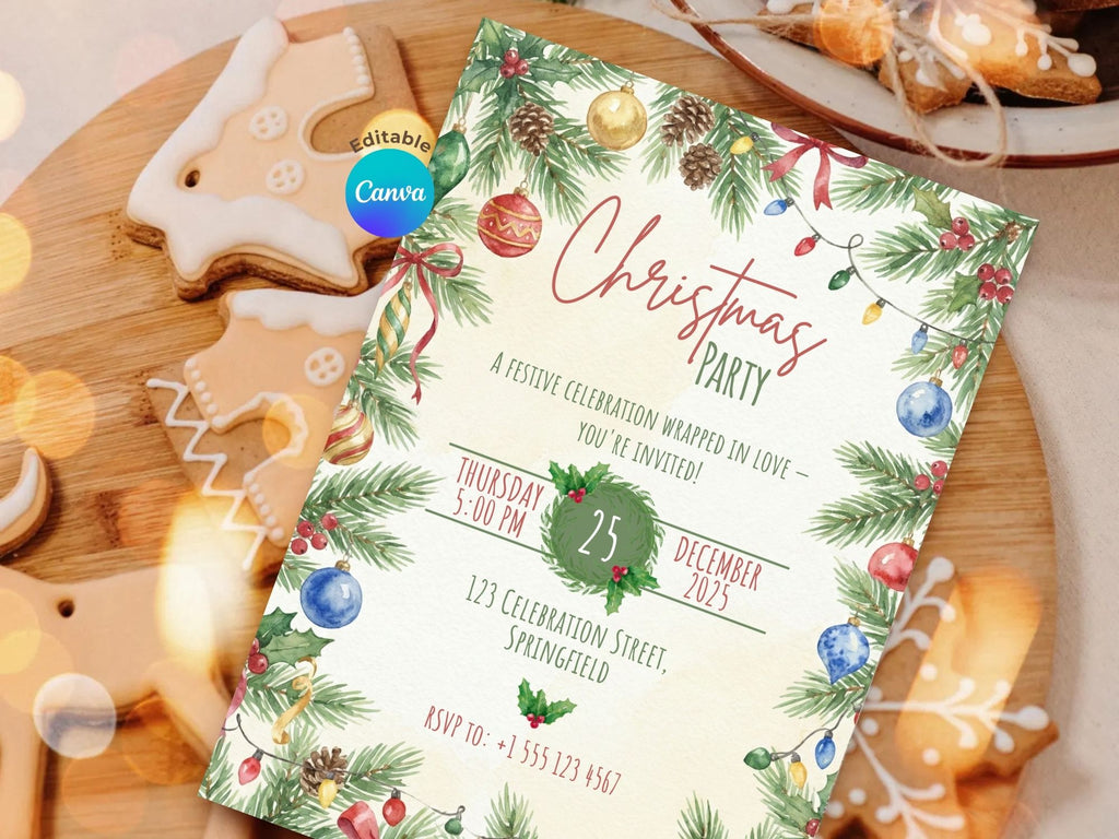Christmas Ornaments Party Invitation – Editable Canva Template – Share or Printable 5x7 – Instant Download