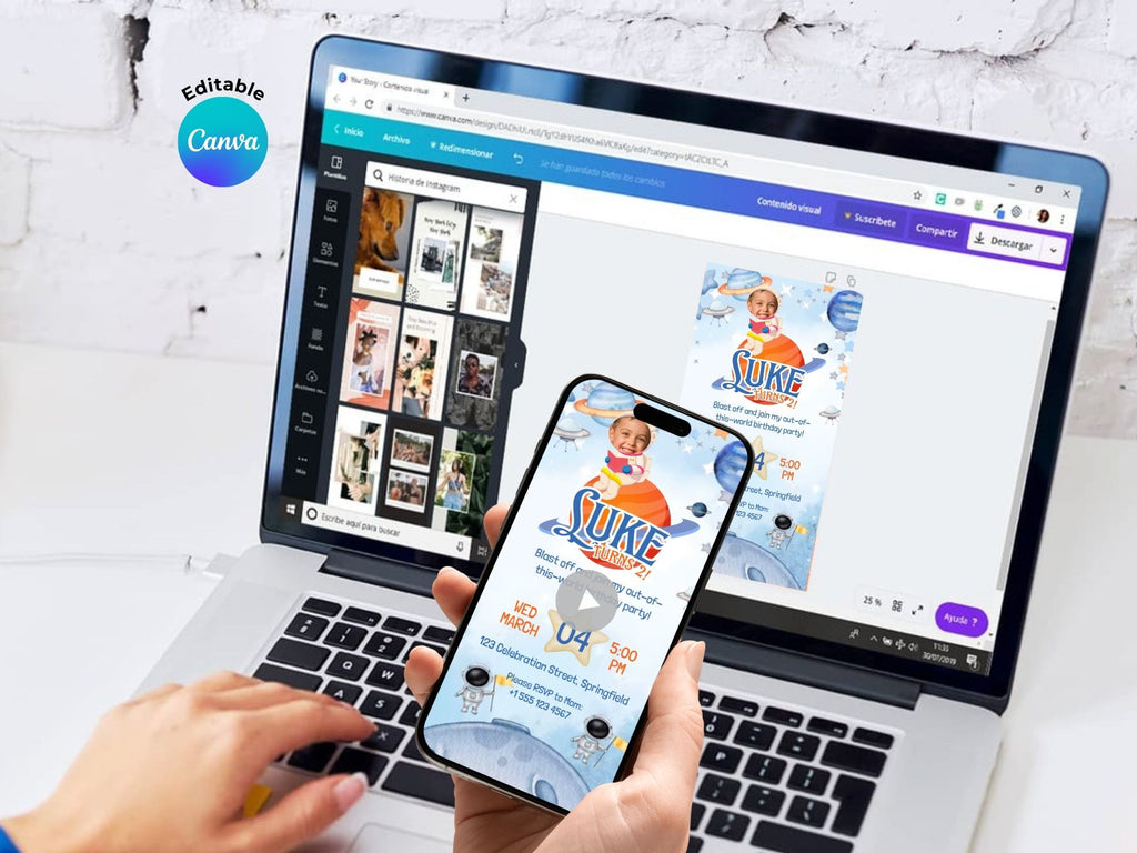 Astronaut Birthday Invitation – Editable Canva Template – Share video mp4 – Instant Download