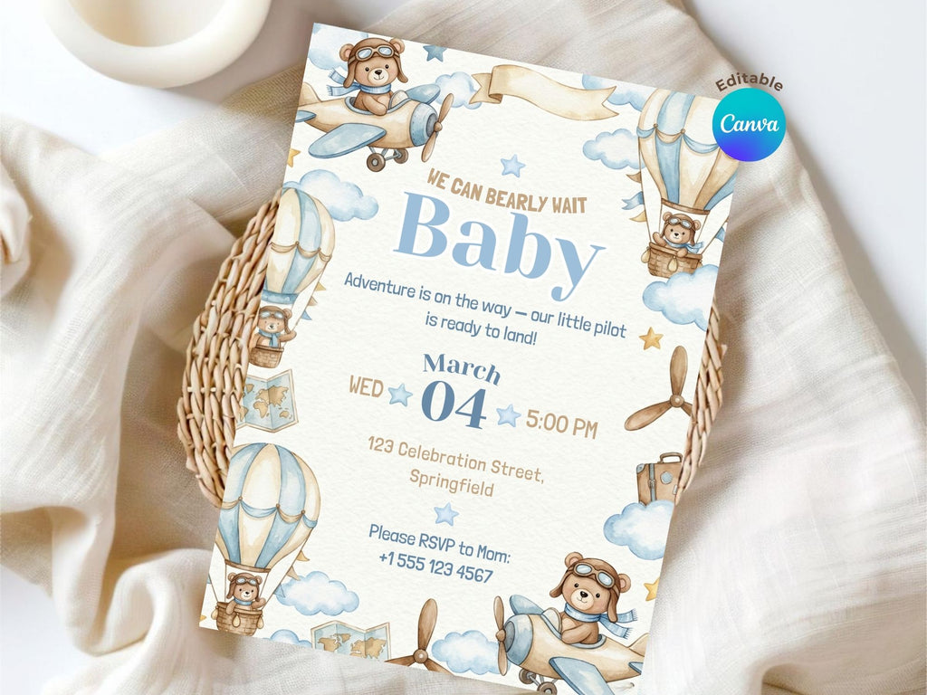 Aviator Teddy Baby Shower Invitation – Watercolor Plane Theme – Editable Canva Template – Share or Printable 5x7 – Instant Download