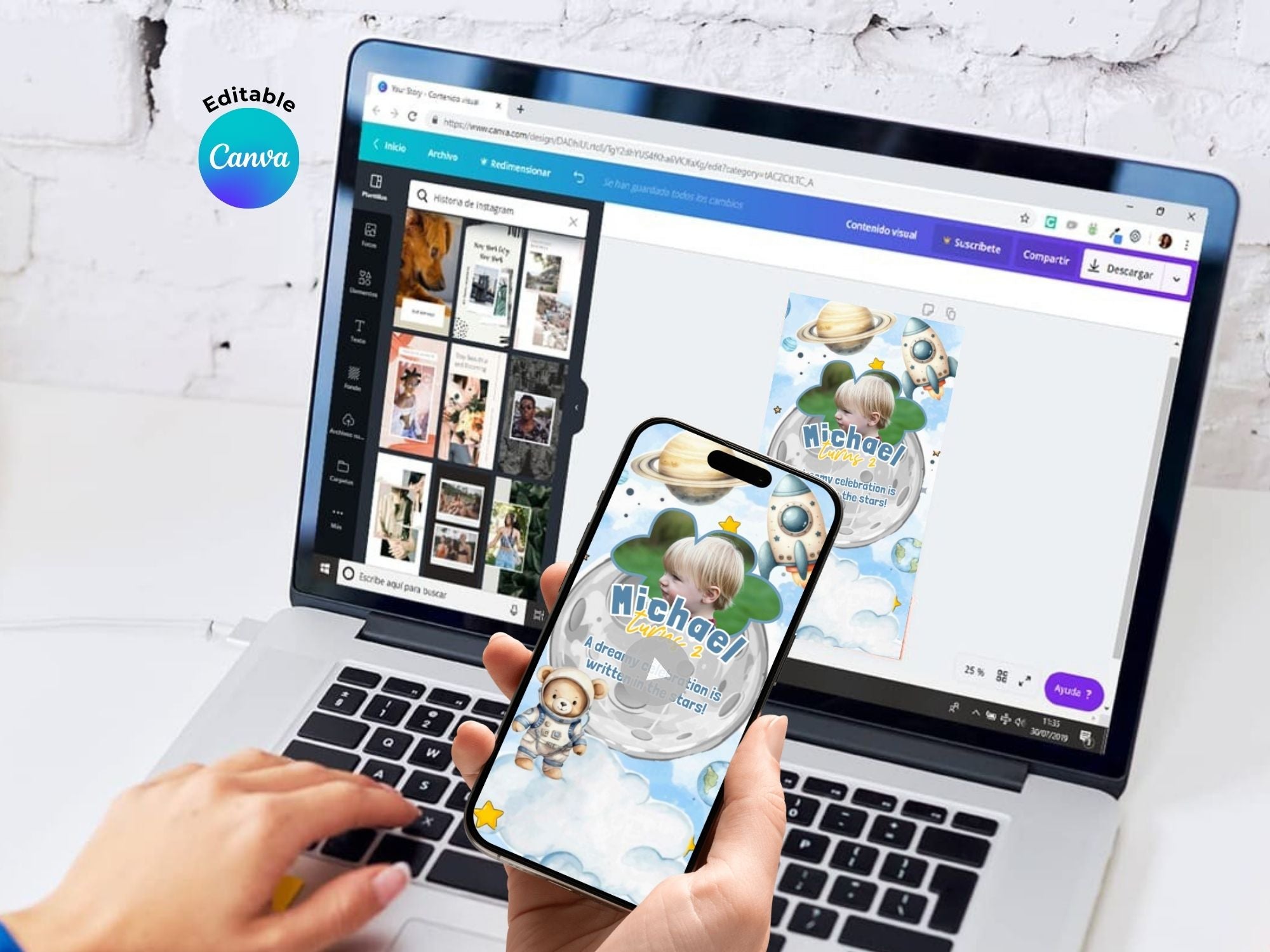 Teddy Bear On The Moon Birthday Invitation – Editable Canva Template – Share video mp4 – Instant Download