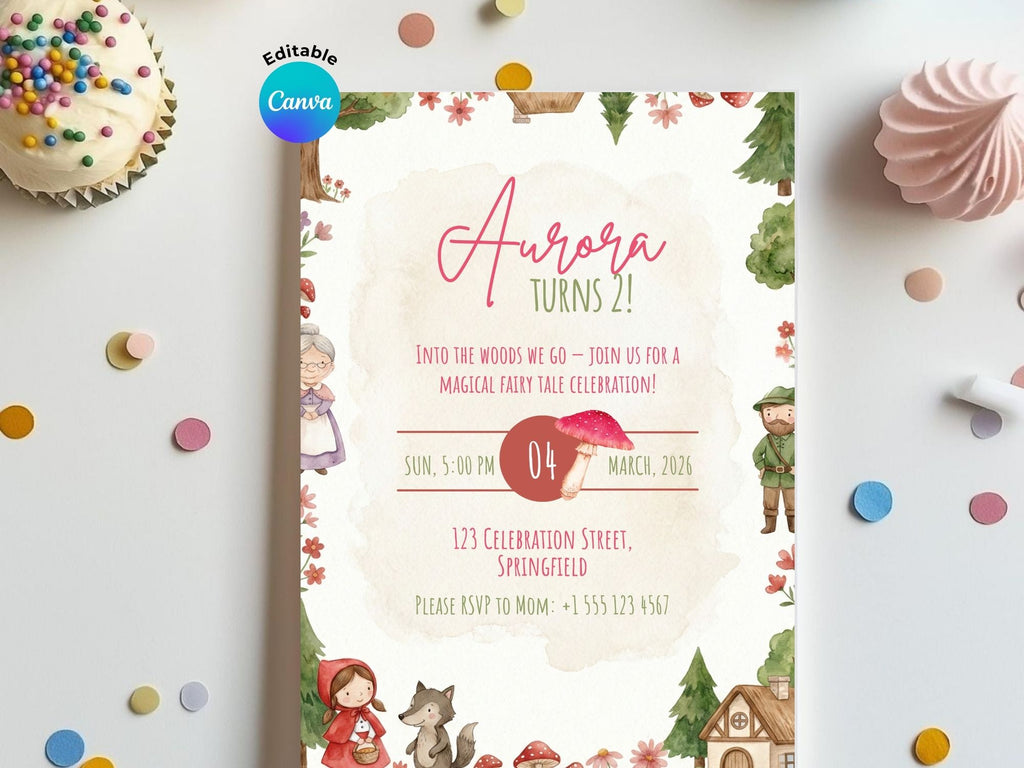 Little Red Hood Watercolor Invitation – Editable Canva Template – Share or Printable 5x7 – Instant Download