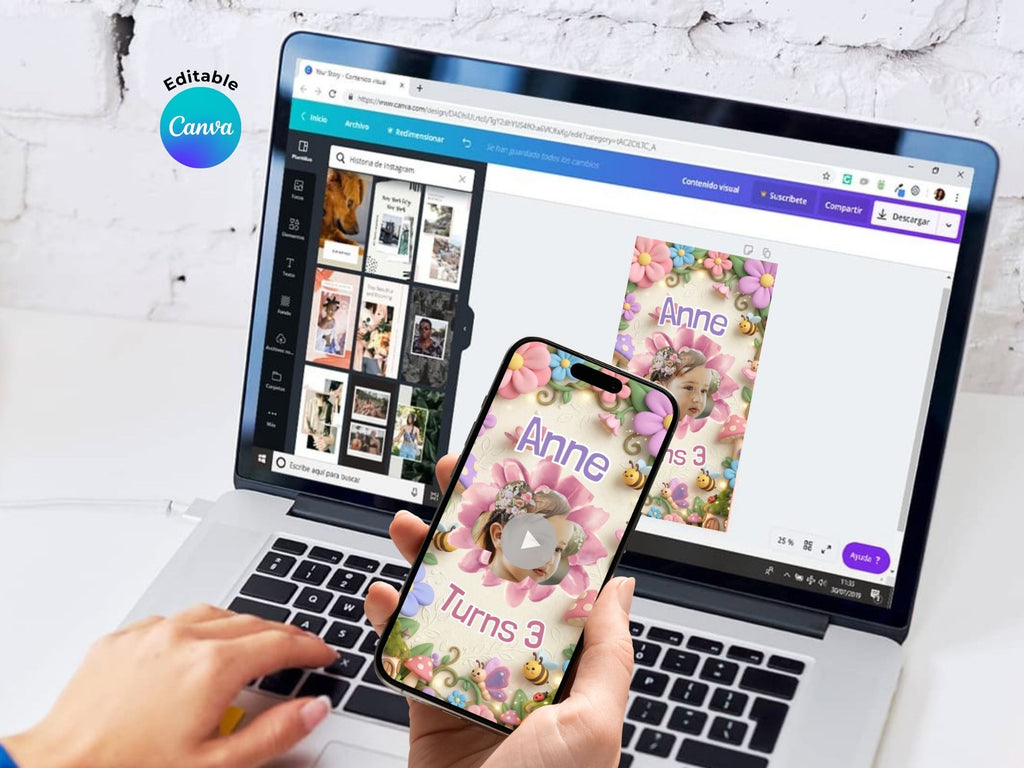 3D Garden Flowers Birthday Video Invitation – Editable Canva Template – Share video mp4 – Instant Download