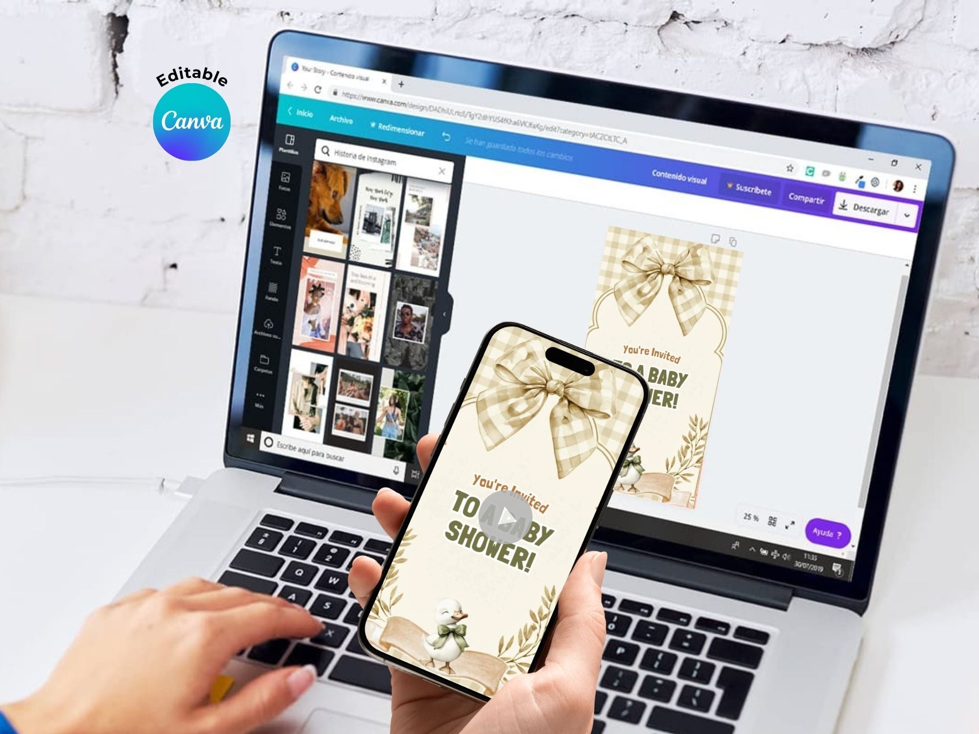 Checkered Duck Baby Shower Invitation – Editable Canva Template – Share video mp4 – Instant Download