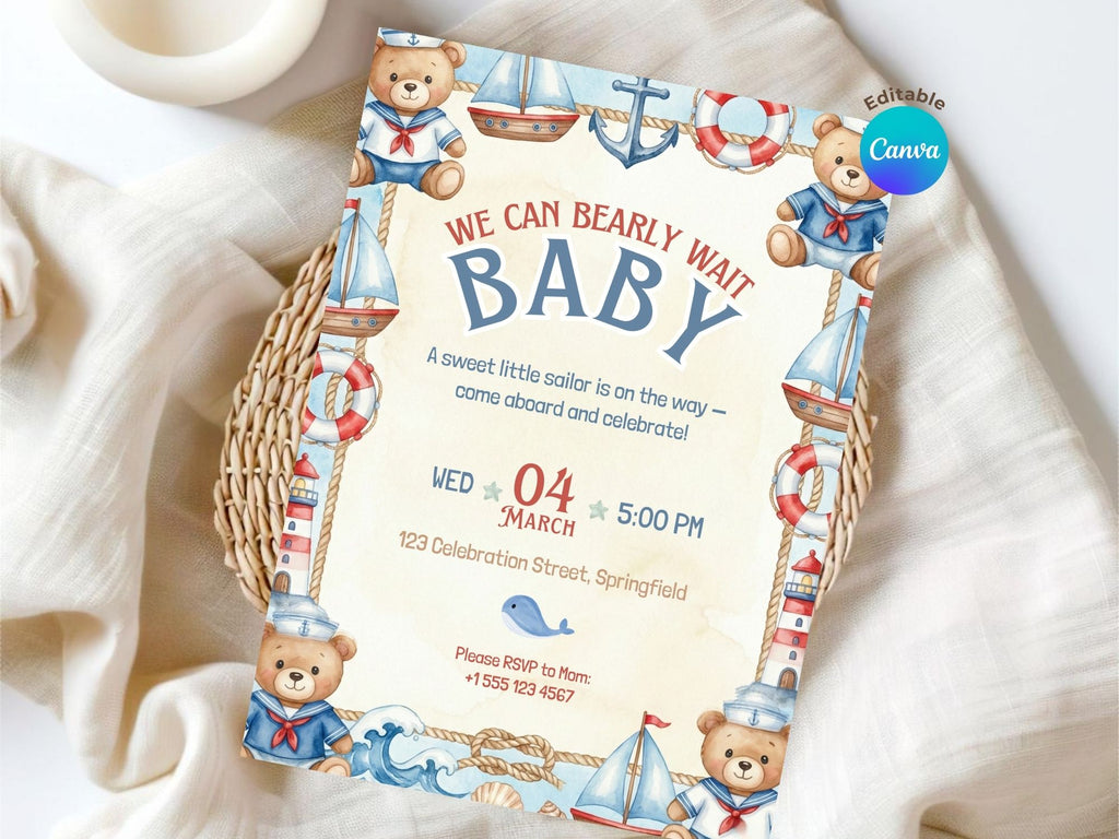 Blue Sailor Baby Shower Invitation – Watercolor Plane Theme – Editable Canva Template – Share or Printable 5x7 – Instant Download