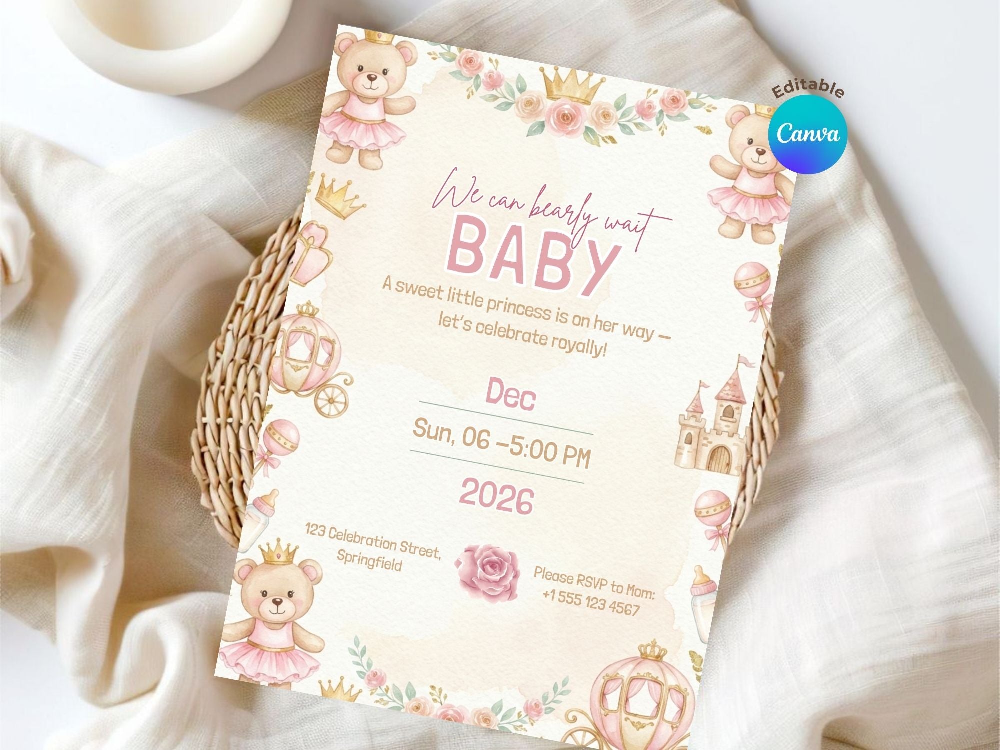 Pink Royal Teddy Baby Shower Invitation – Watercolor Plane Theme – Editable Canva Template – Share or Printable 5x7 – Instant Download