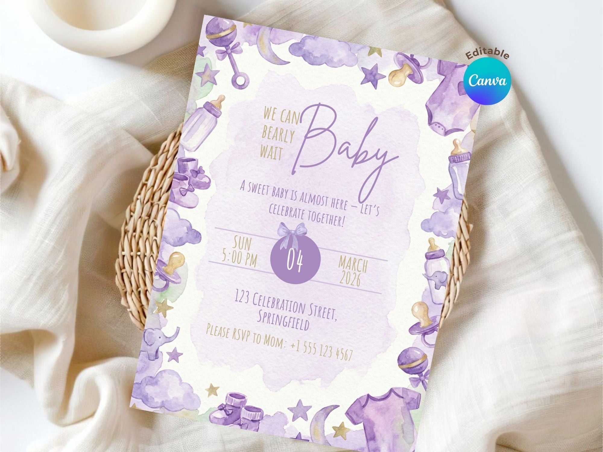 Purple Starry Baby Shower Invitation – Watercolor Plane Theme – Editable Canva Template – Share or Printable 5x7 – Instant Download