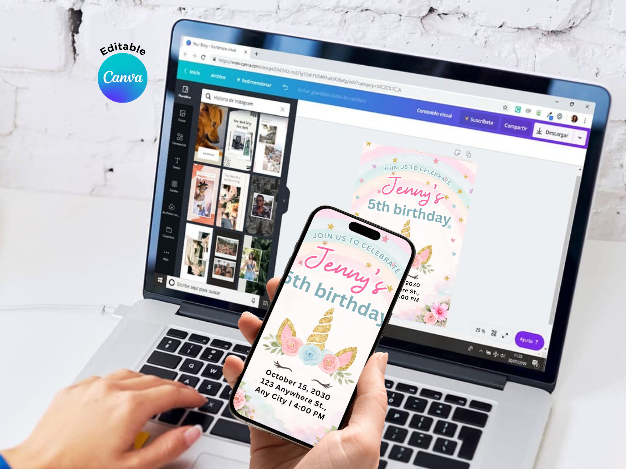 [FREE SAMPLE] Rainbow Unicorn Invitation | Editable Canva Template - Instant Download