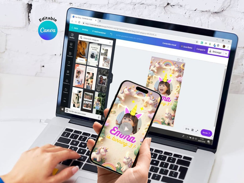 3D Unicorn And Flowers Garden Birthday Video Invitation – Editable Canva Template – Share video mp4 – Instant Download