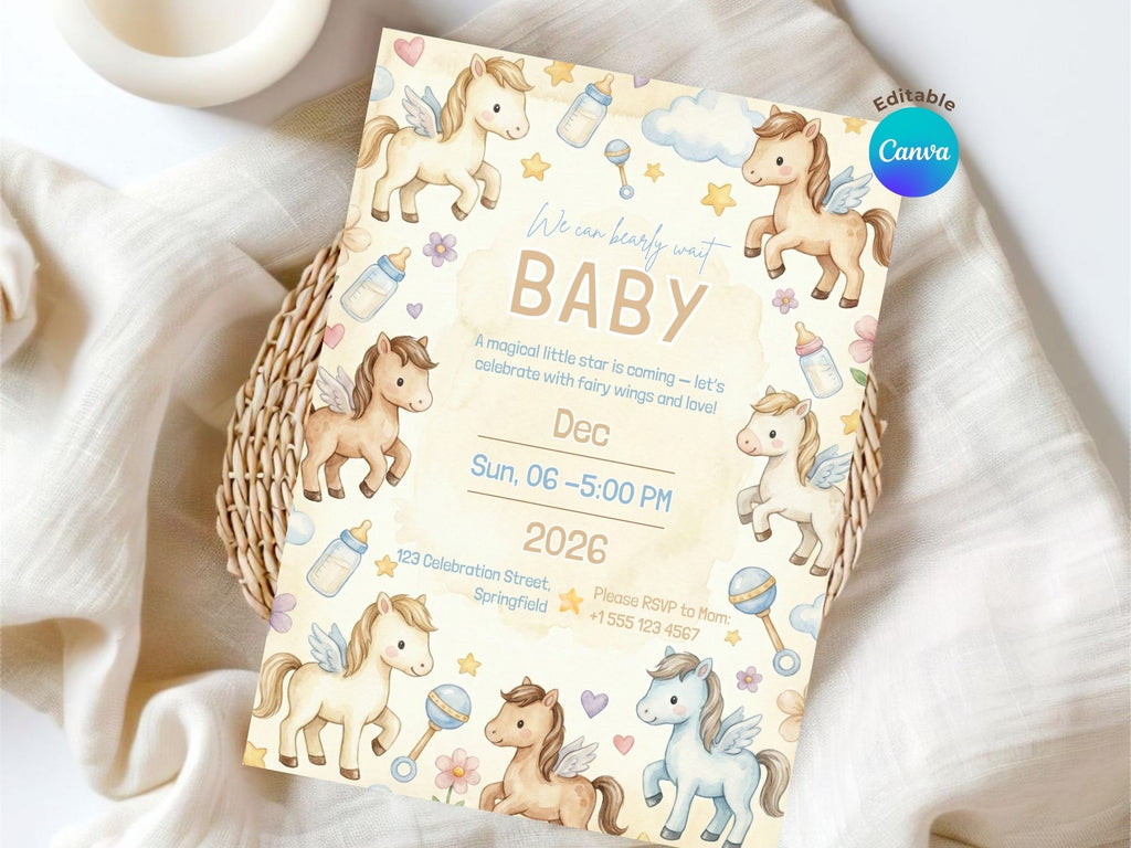 Pegasus Baby Shower Invitation – Watercolor Plane Theme – Editable Canva Template – Share or Printable 5x7 – Instant Download