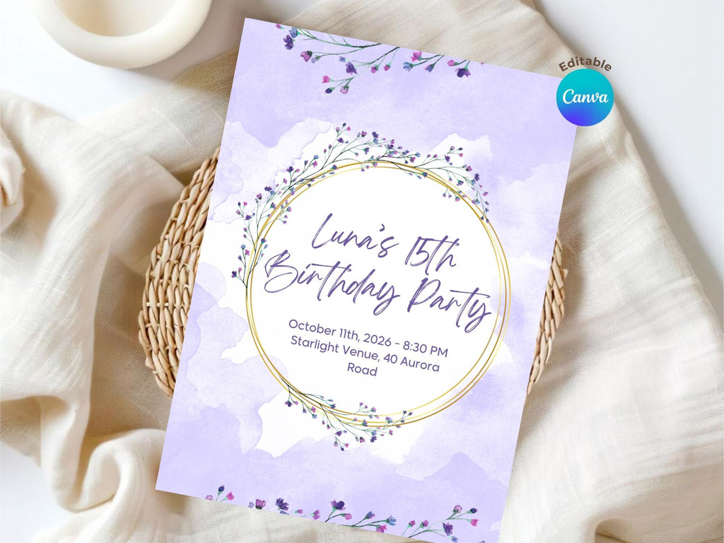 Pastel flower 15th invite – Watercolor Plane Theme – Editable Canva Template – Share or Printable 5x7 – Instant Download