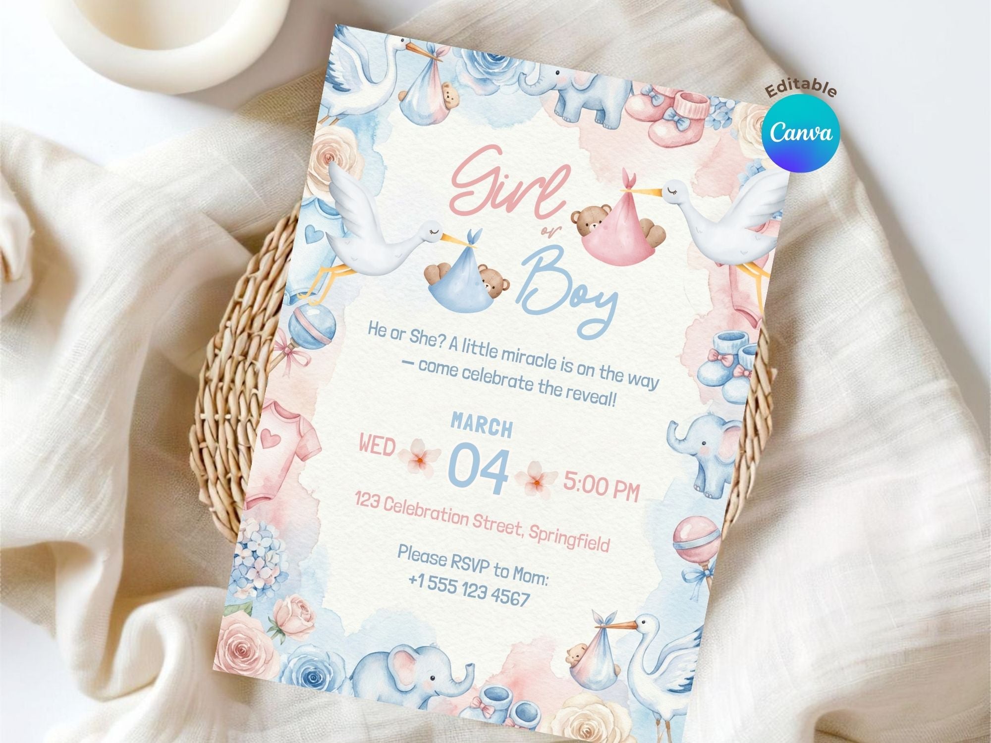 Elephant Gender Reveal Invitation – Watercolor Plane Theme – Editable Canva Template – Share or Printable 5x7 – Instant Download