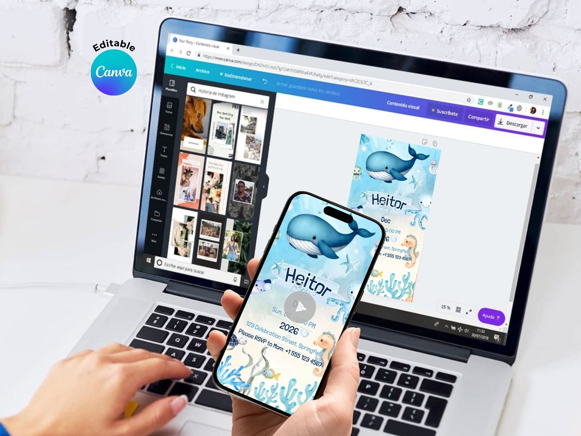 [FREE SAMPLE] Cute Blue Whale Birthday Invitation – Editable Canva Template – Share video mp4 – Instant Download