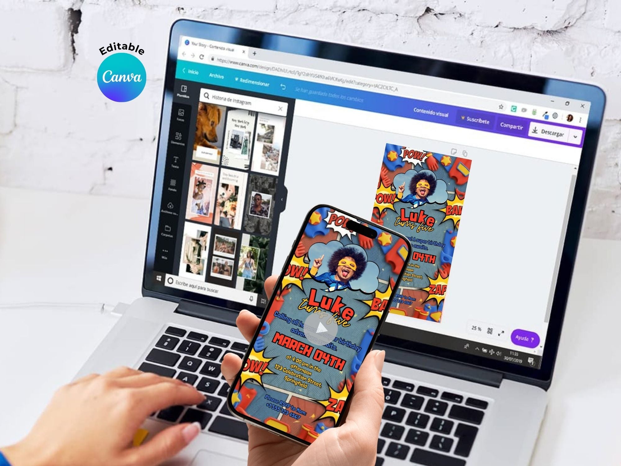 3D Superhero Birthday Invitation – Editable Canva Template – Share video mp4 – Instant Download