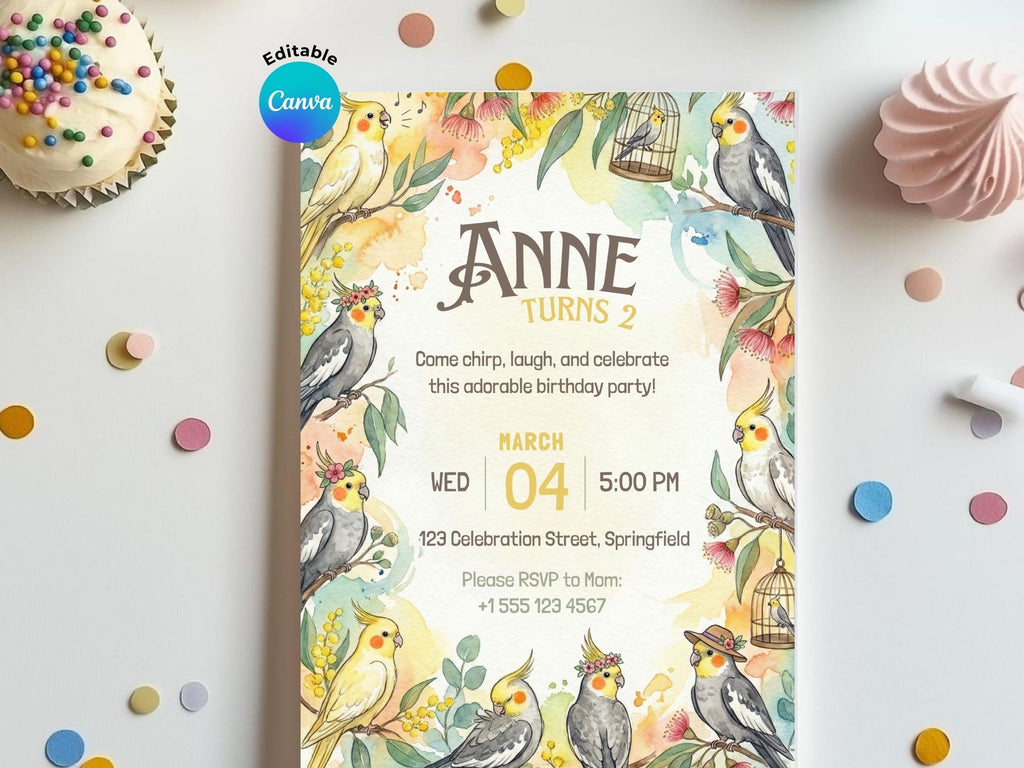 Cockatiel Watercolor Birthday Invitation – Editable Canva Template – Share or Printable 5x7 – Instant Download