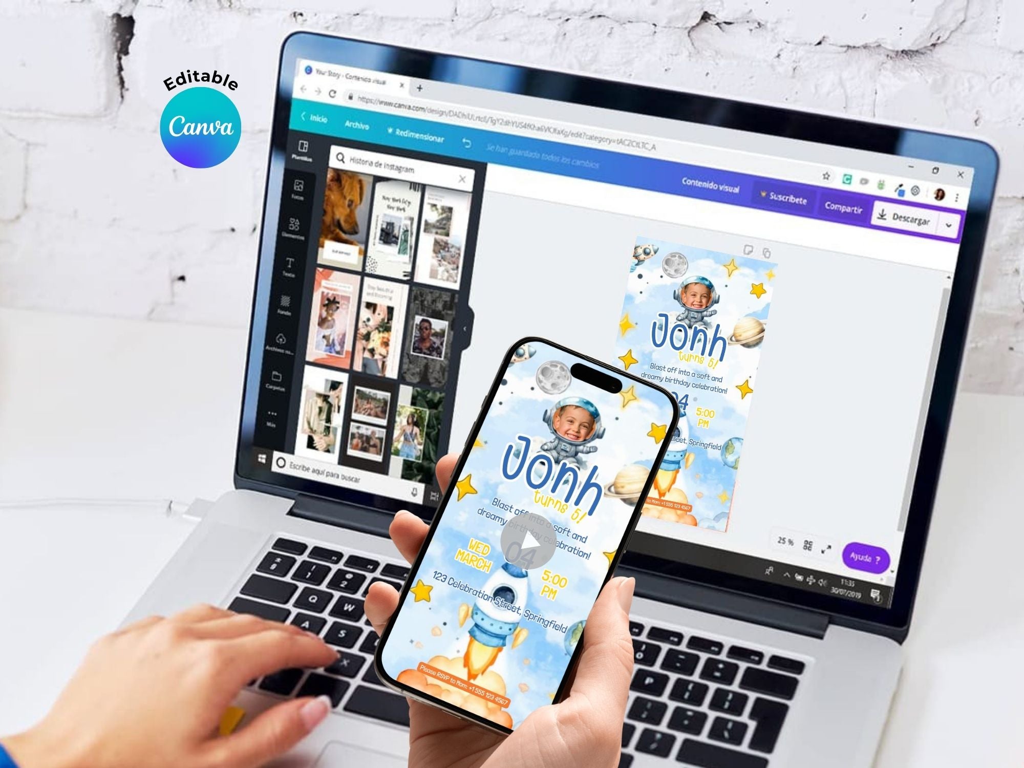 Astronaut In The Clouds Birthday Invitation – Editable Canva Template – Share video mp4 – Instant Download