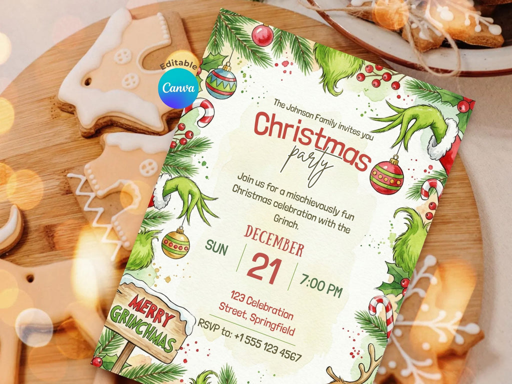 Grinch Christmas Party – Editable Canva Template – Share or Printable 5x7 – Instant Download