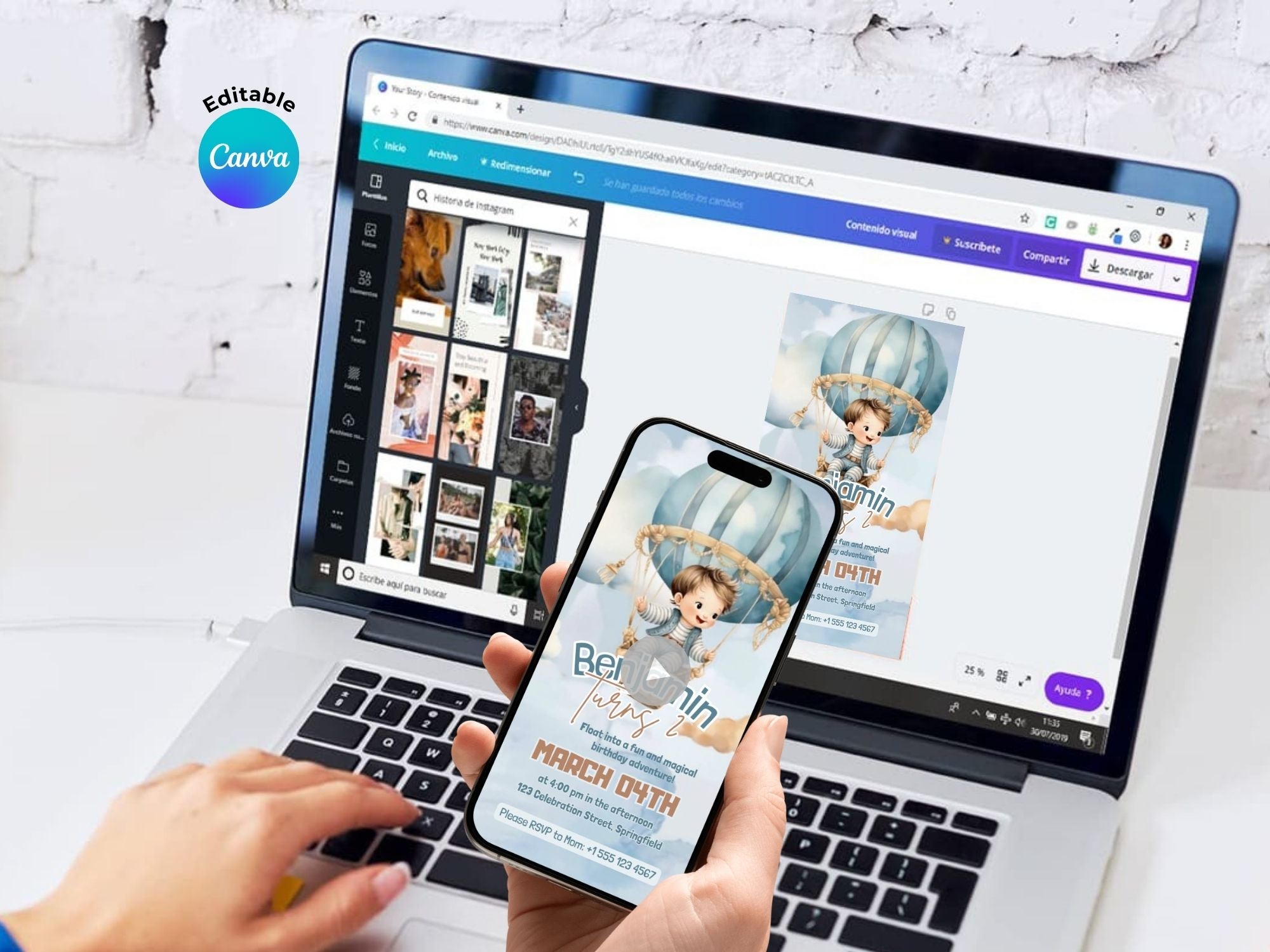 Boy In The Balloon Birthday Invitation – Editable Canva Template – Share video mp4 – Instant Download