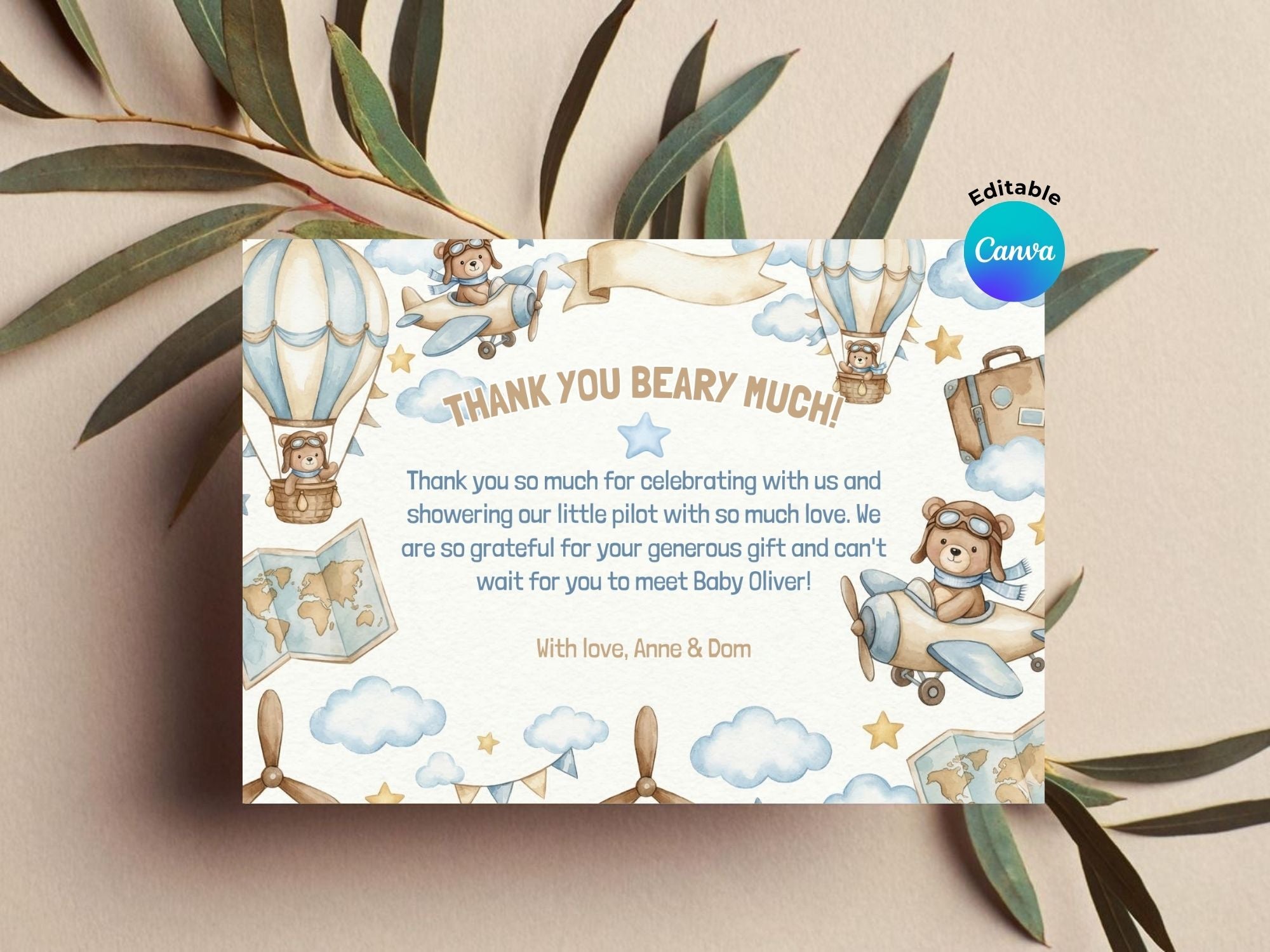 Baby Boy Watercolor Aviator Baby Shower FULL PARTY BUNDLE - Video Invite & Matching Printables
