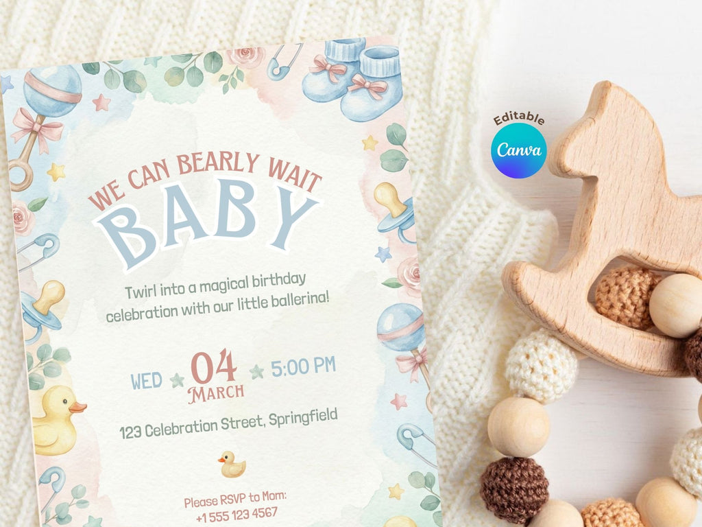 Duck Baby Shower Invitation – Watercolor Plane Theme – Editable Canva Template – Share or Printable 5x7 – Instant Download
