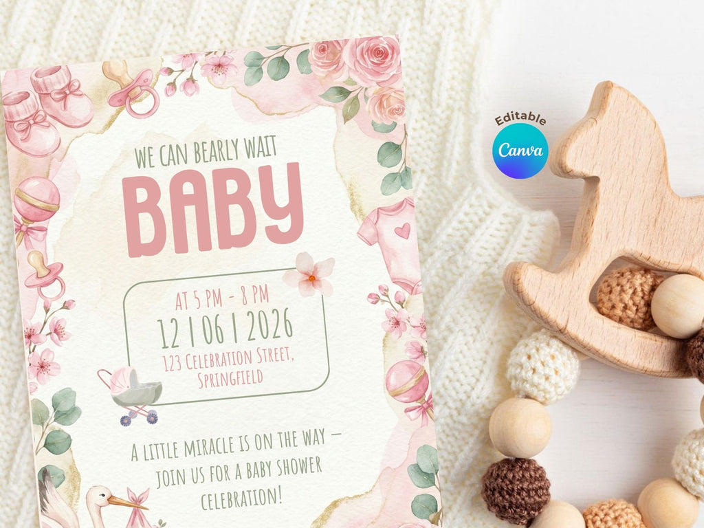 Watercolor Stork Baby Shower Invitation – Watercolor Plane Theme – Editable Canva Template – Share or Printable 5x7 – Instant Download