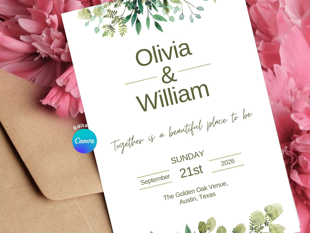 Timeless Bloom Wedding Invitation – Editable Canva Template – Share or Printable 5x7 – Instant Download