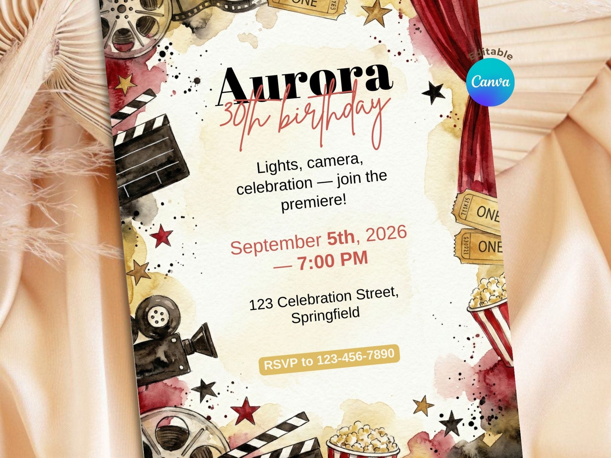 Movie Night Invitation – Editable Canva Template – Share or Printable 5x7 – Instant Download