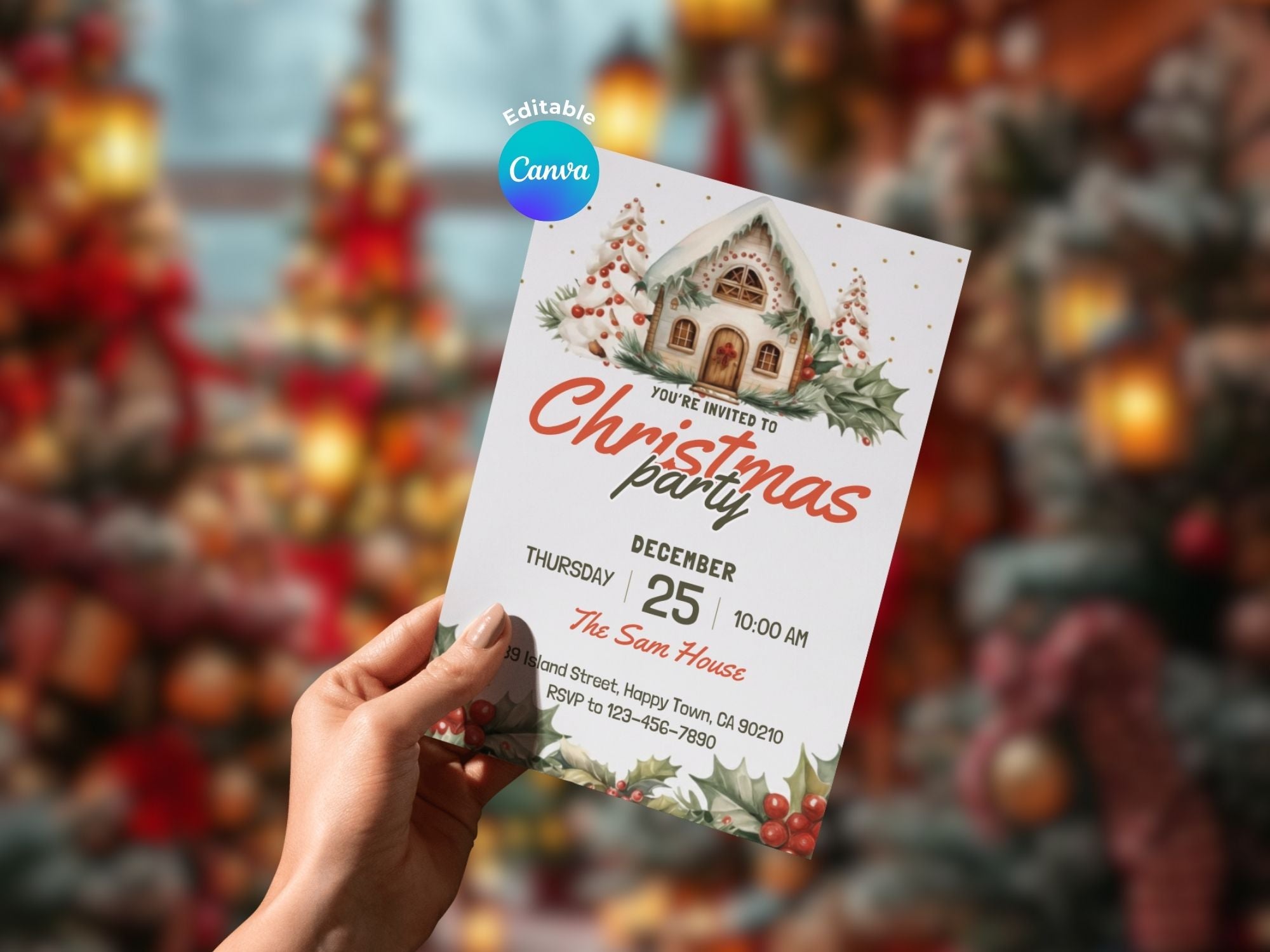 Merry Christmas Party Invitation – Editable Canva Template – Share or Printable 5x7 – Instant Download