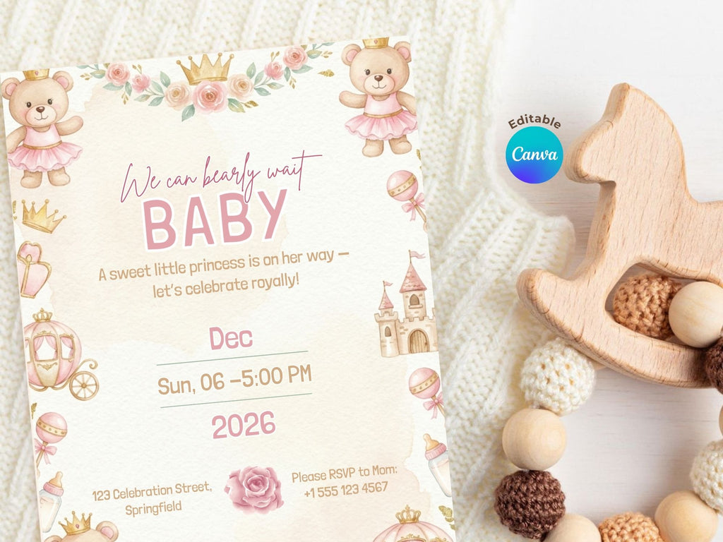 Pink Royal Teddy Baby Shower Invitation – Watercolor Plane Theme – Editable Canva Template – Share or Printable 5x7 – Instant Download