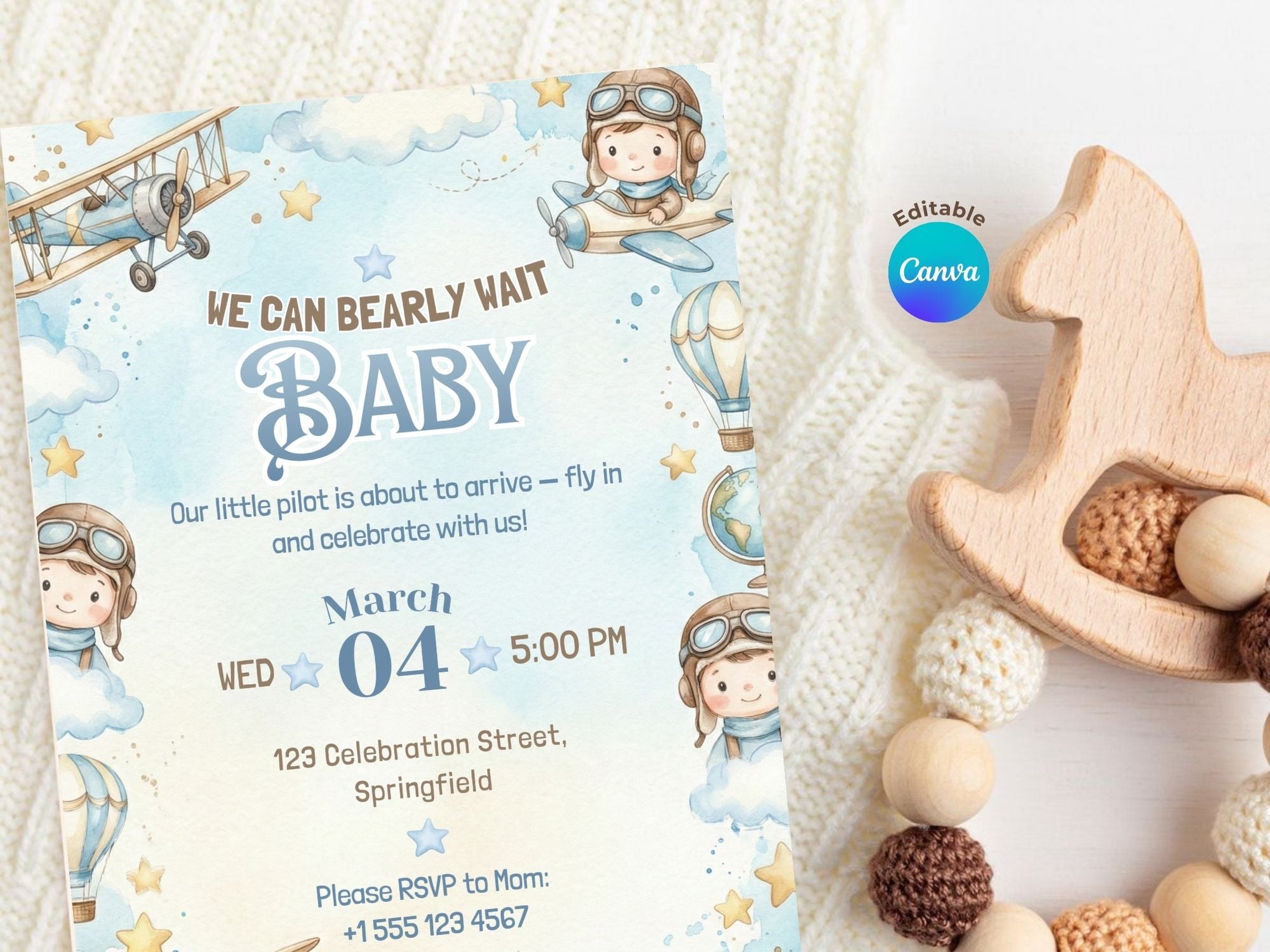 Aviator Baby Shower Invitation – Watercolor Plane Theme – Editable Canva Template – Share or Printable 5x7 – Instant Download