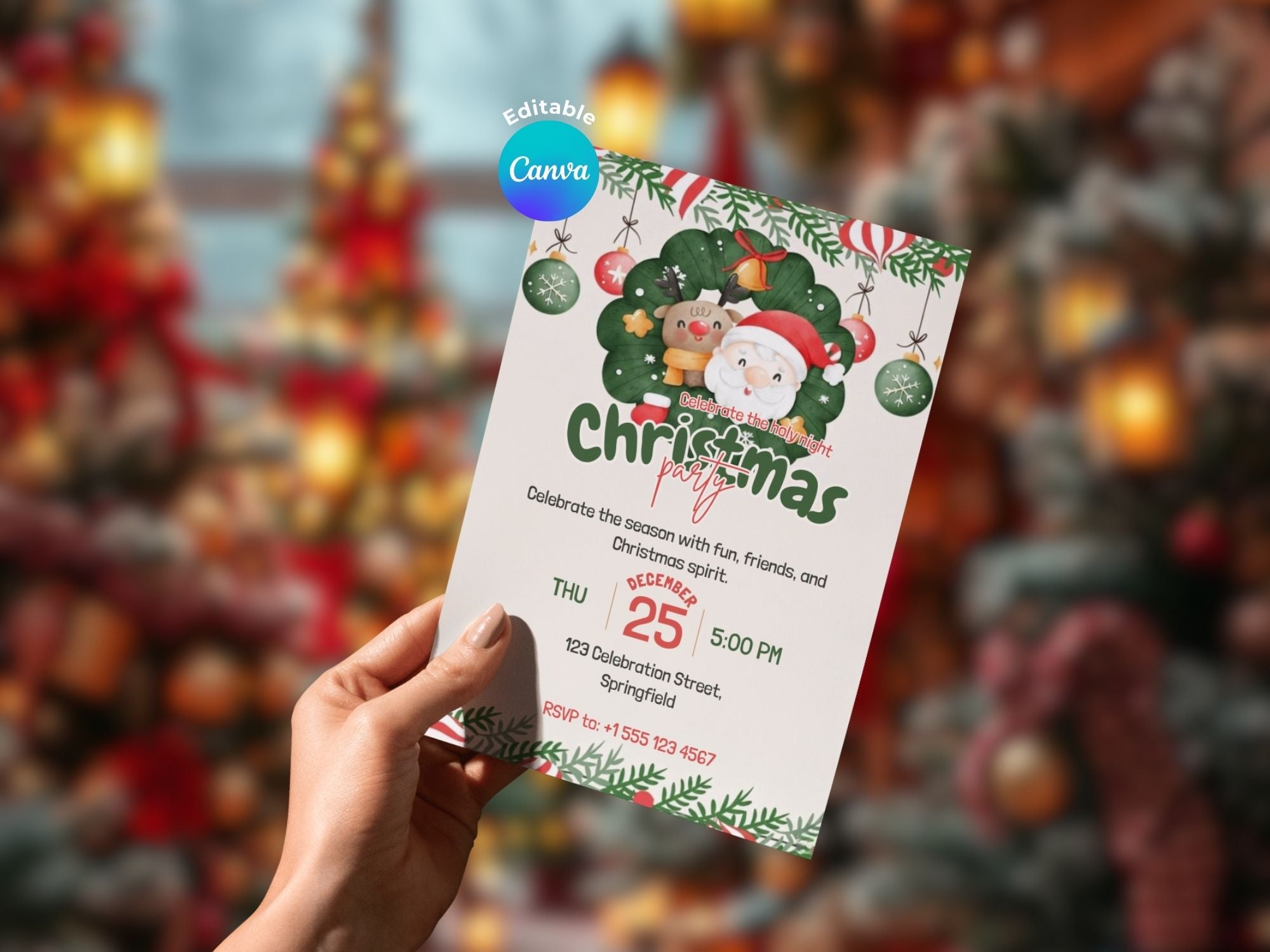 Christmas Cheer Party Invitation – Editable Canva Template – Share or Printable 5x7 – Instant Download