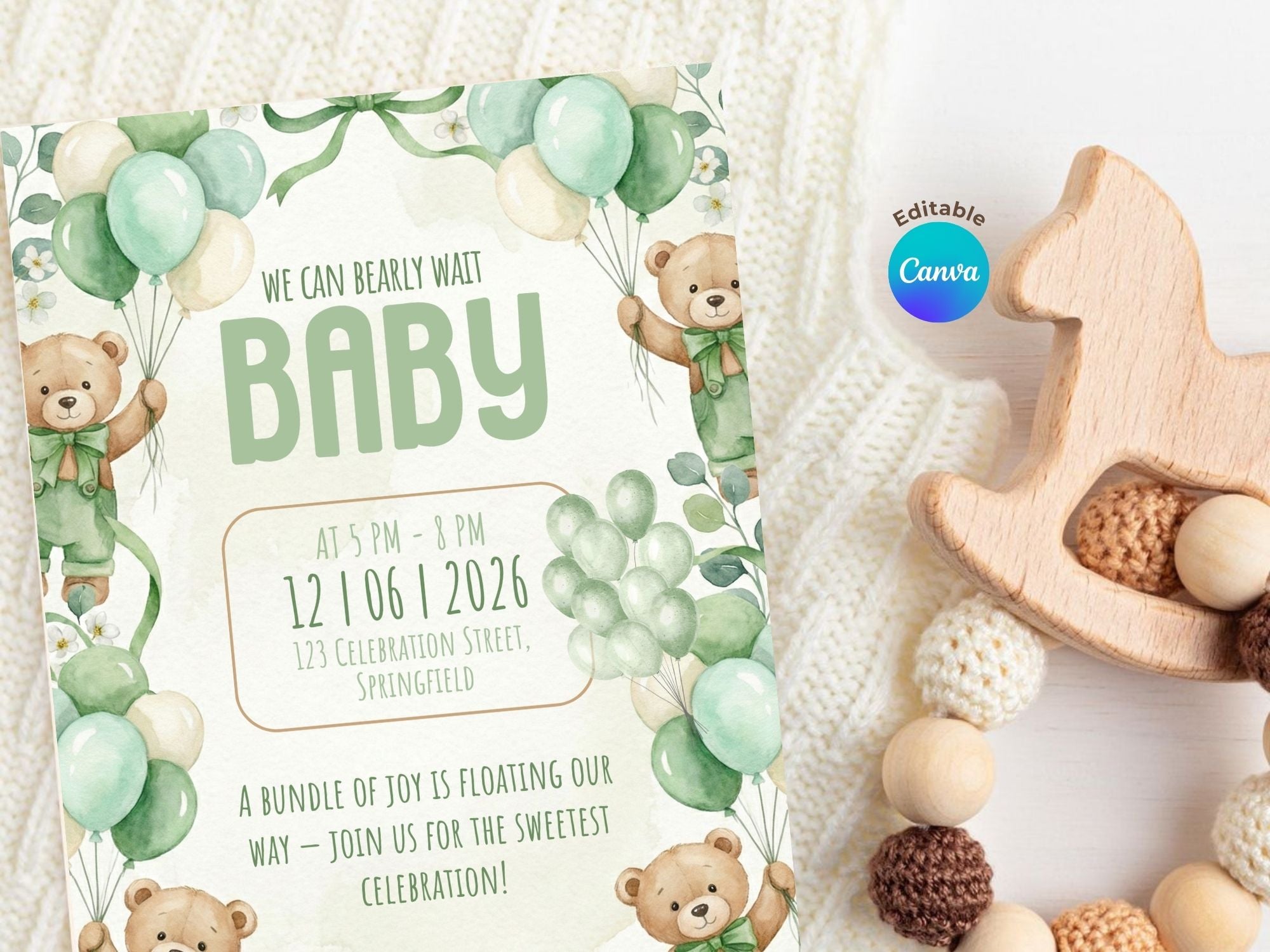Green Balloon Bear Baby Shower Invitation – Watercolor Plane Theme – Editable Canva Template – Share or Printable 5x7 – Instant Download