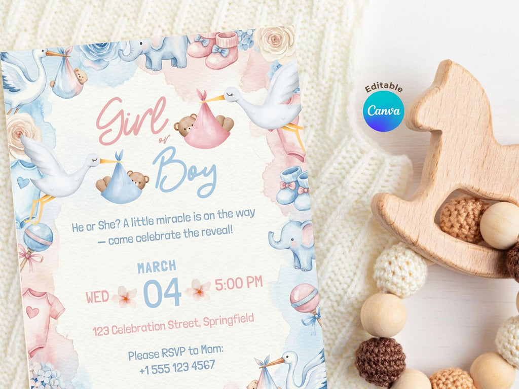 Elephant Gender Reveal Invitation – Watercolor Plane Theme – Editable Canva Template – Share or Printable 5x7 – Instant Download